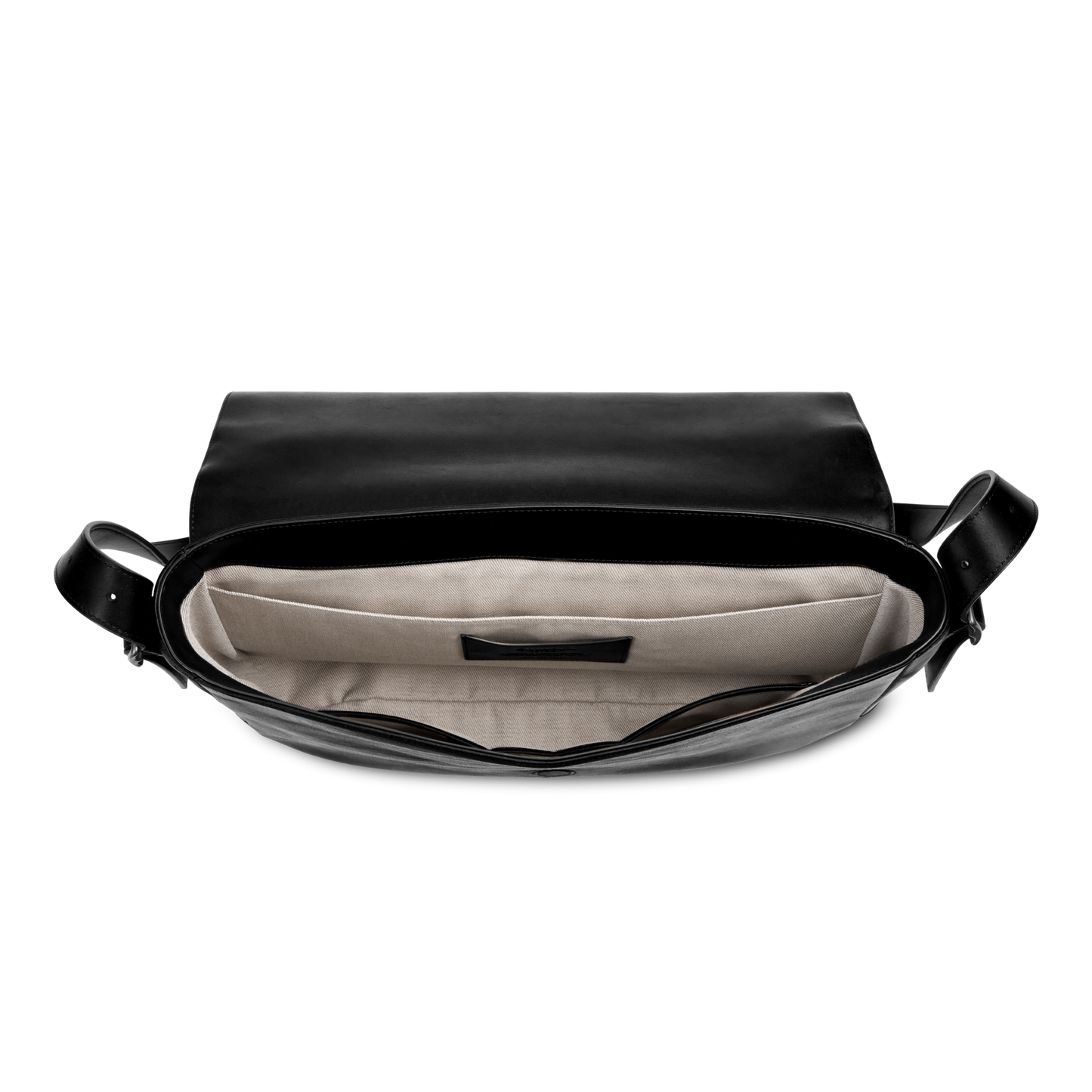 Top view of the Shinola Runwell Messenger Bag - Black, featuring a beige interior with an inner pocket, padded laptop sleeve, spacious main compartment, flap cover, and adjustable crossbody strap for versatile carrying.