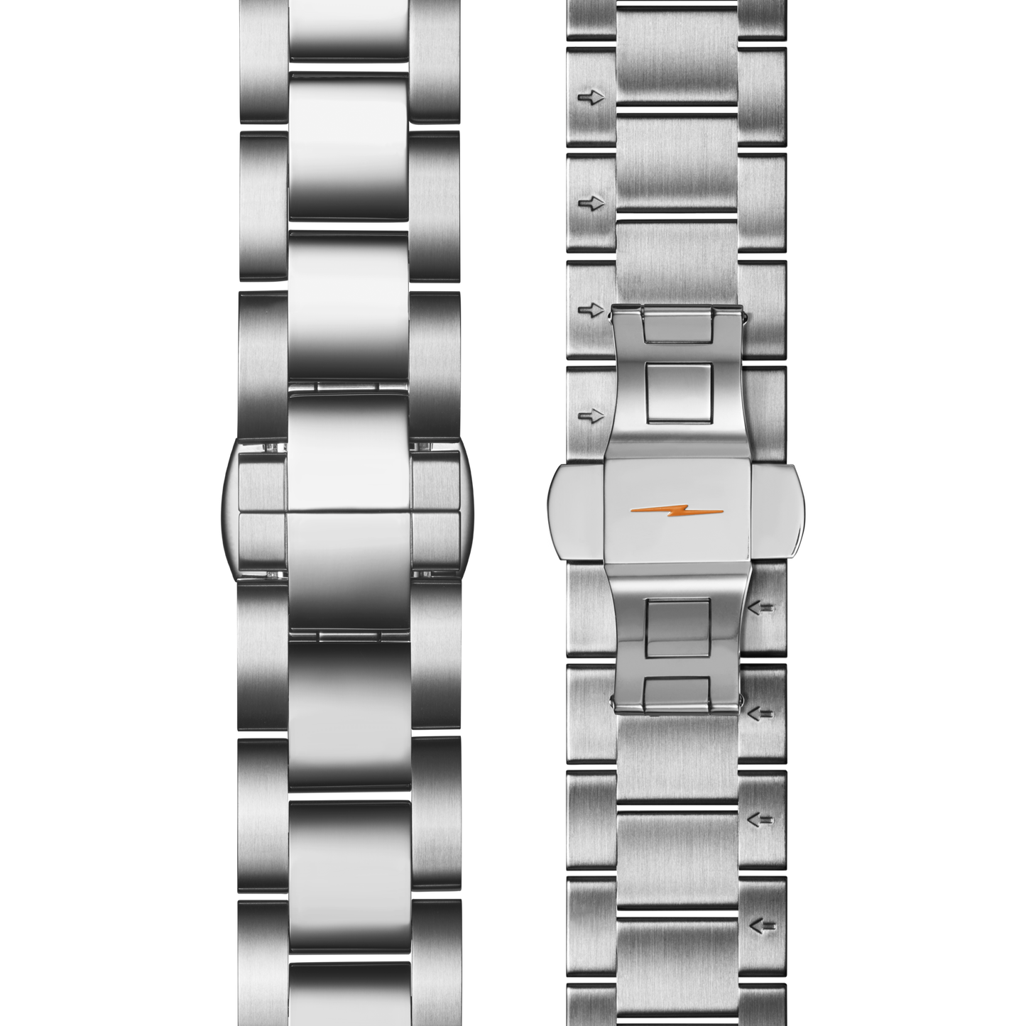 Two stainless steel bands with brushed finishes are displayed: one closed, one open to show a small orange lightning bolt. Both complement the Shinola Canfield Chronograph Watch - Dark Olive.