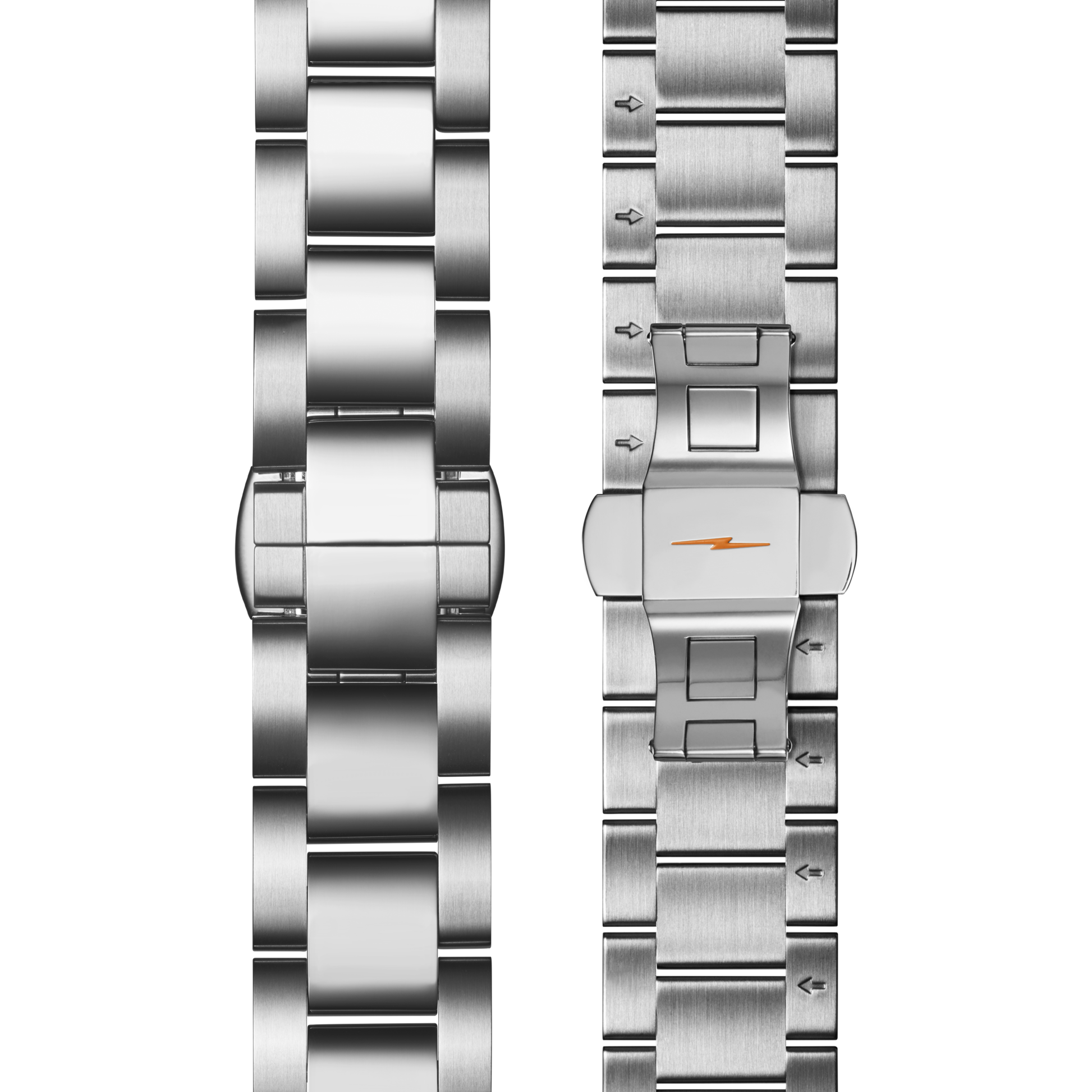 Two stainless steel bands with brushed finishes are displayed: one closed, one open to show a small orange lightning bolt. Both complement the Shinola Canfield Chronograph Watch - Dark Olive.