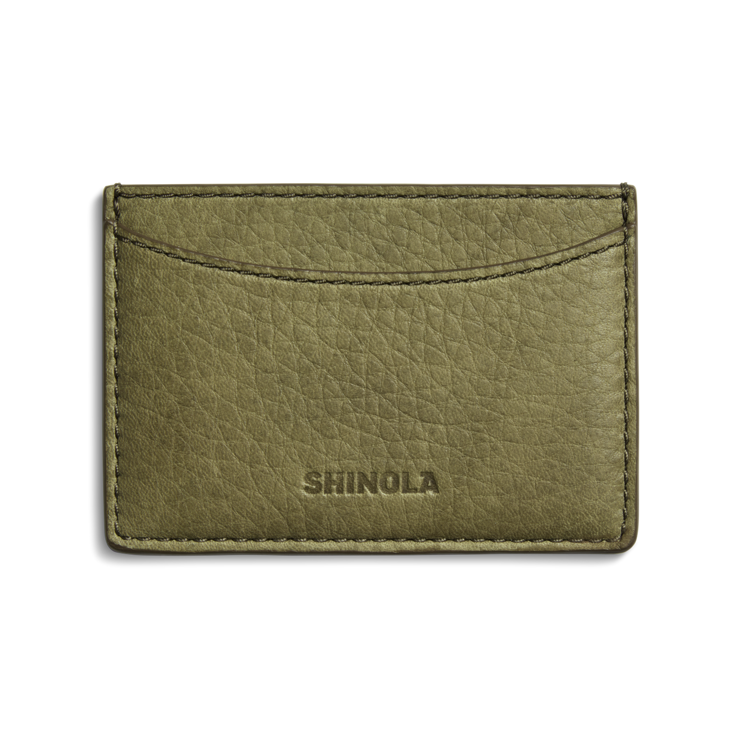 The Leather 3 Pocket Card Case by Shinola features olive green leather, visible stitching, and the Shinola name embossed on the front. It offers a curved top opening for easy access to your cards.