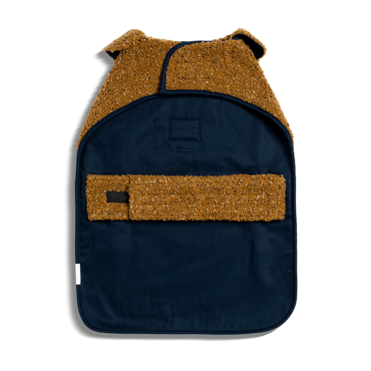 The Shinola Dog Coat - Brand Stripe / Tan features a brown textured top, navy bottom, and brown strap, displayed flat on a light surface to highlight its stylish design and premium craftsmanship.