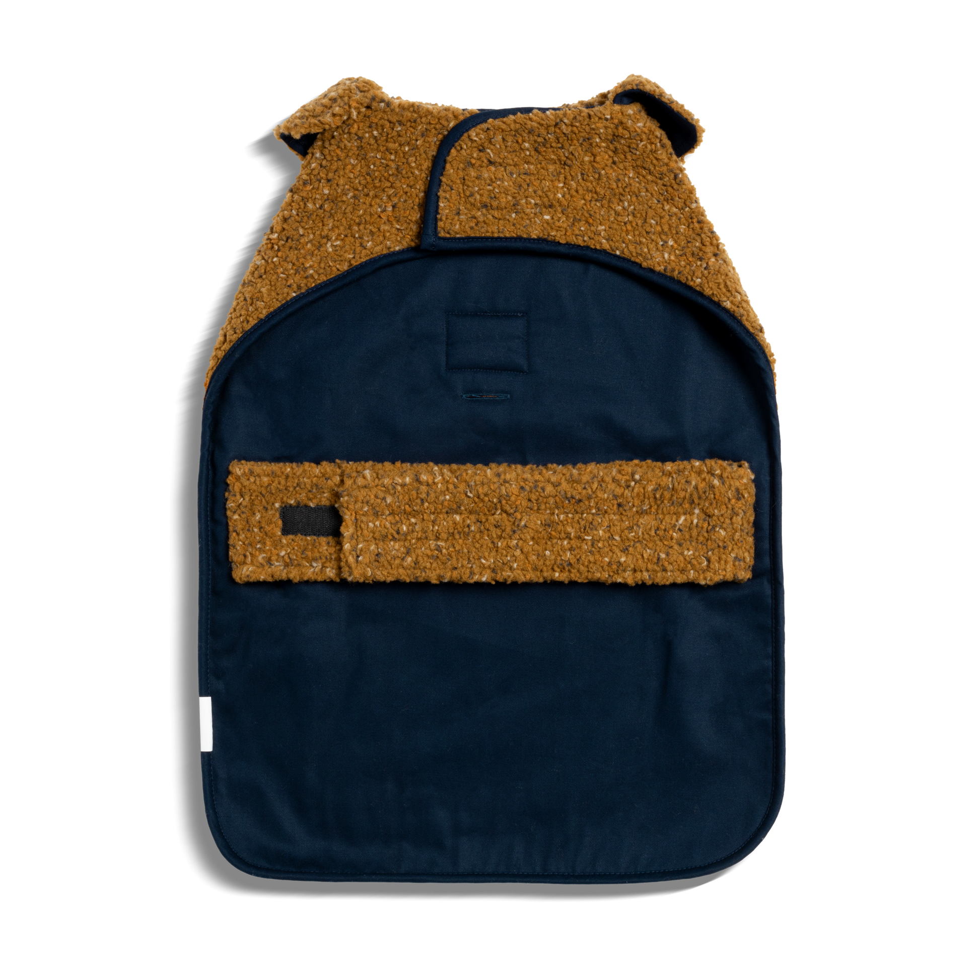 The Shinola Dog Coat - Brand Stripe / Tan features a brown textured top, navy bottom, and brown strap, displayed flat on a light surface to highlight its stylish design and premium craftsmanship.