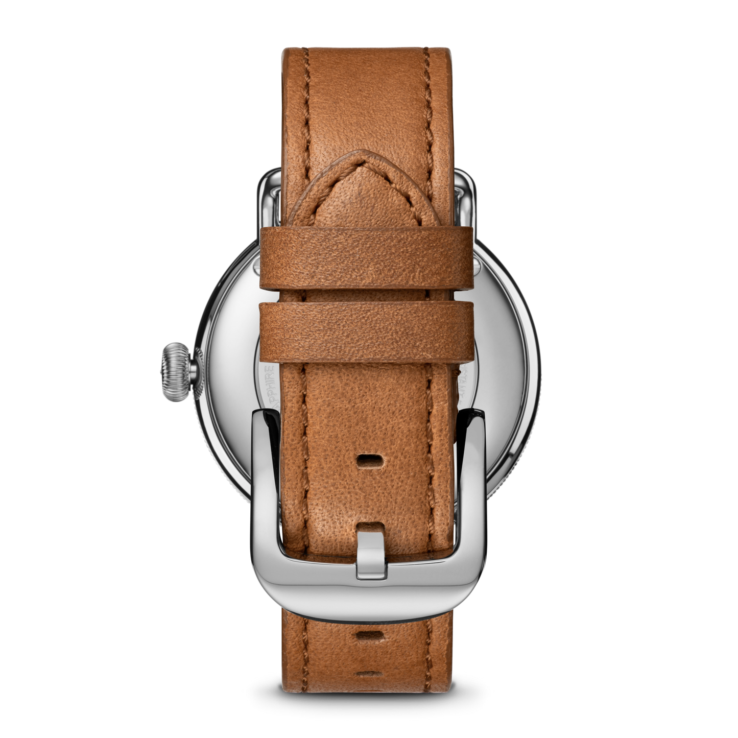 A close-up of the Shinola Canfield Watch showcases its blue dial and tan leather strap with a silver buckle, threaded through loops and fastened to the stainless steel case.