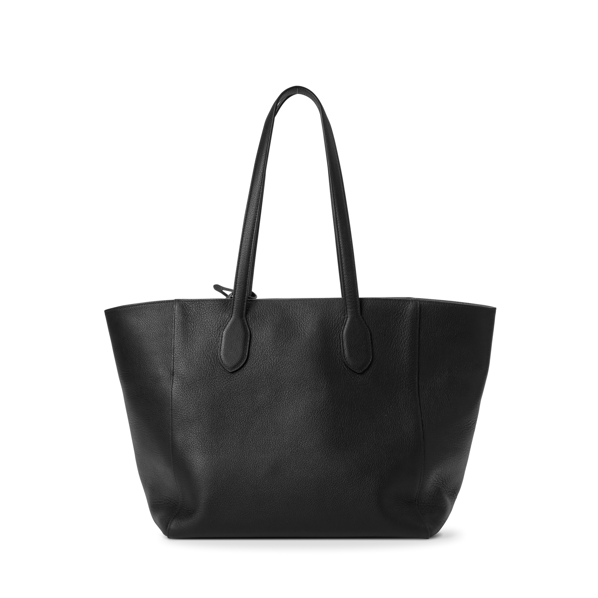 The Shinola Runabout Tote Bag in black features pebbled leather and two long shoulder straps, shown against a plain white background.