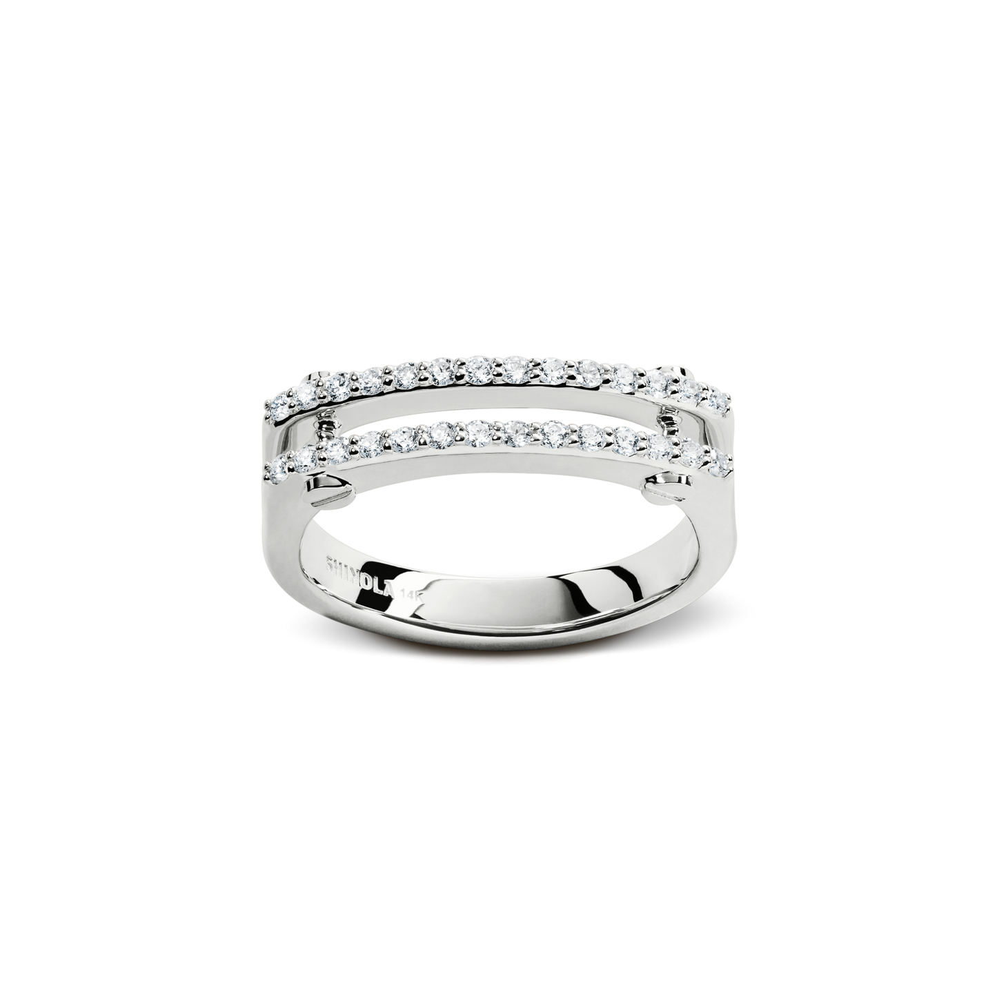 The Shinola Diamond Pave Rivet Double Row Ring in white gold features two parallel pave-set diamond rows separated by a gap, giving it a modern open-band design.