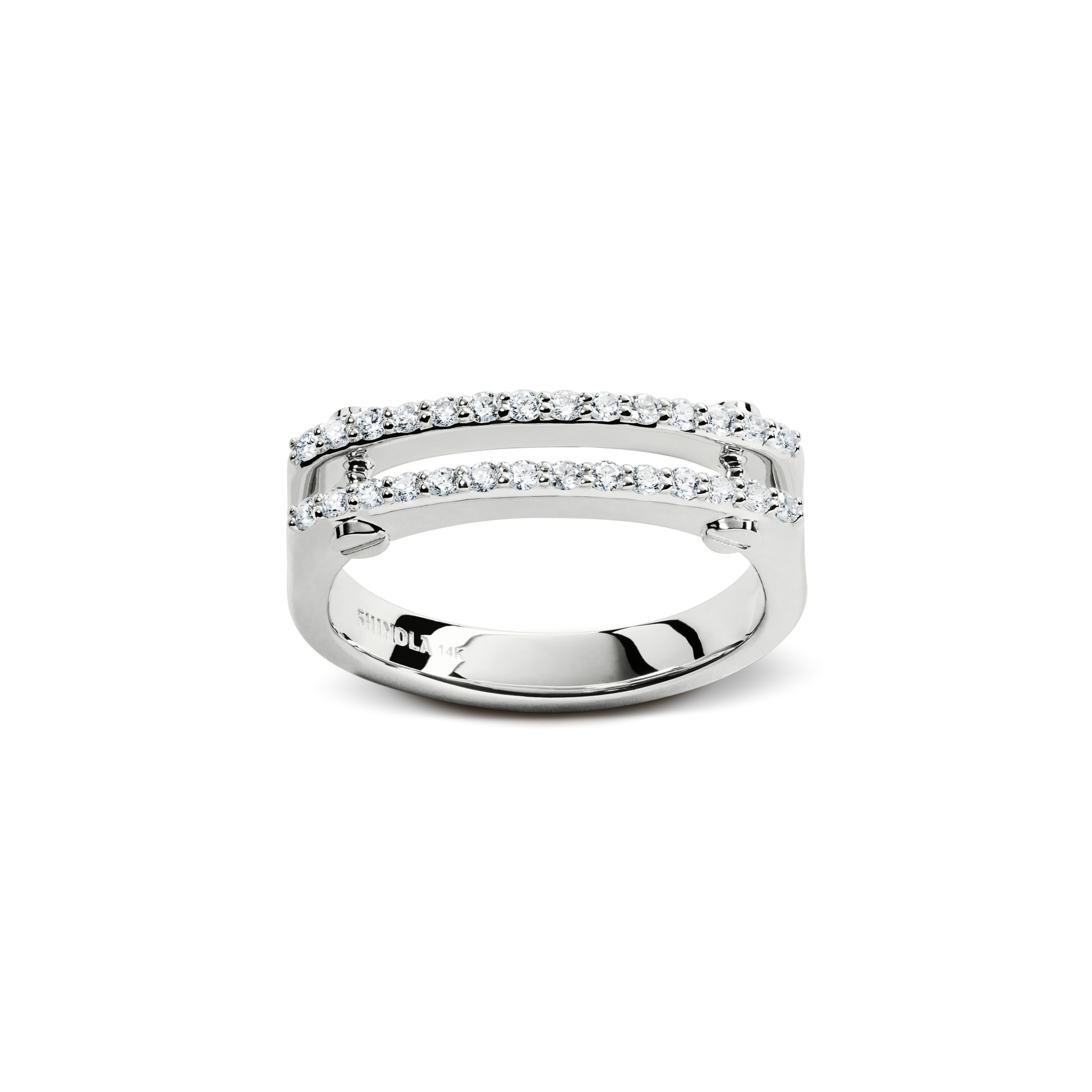 The Shinola Diamond Pave Rivet Double Row Ring in white gold features two parallel pave-set diamond rows separated by a gap, giving it a modern open-band design.