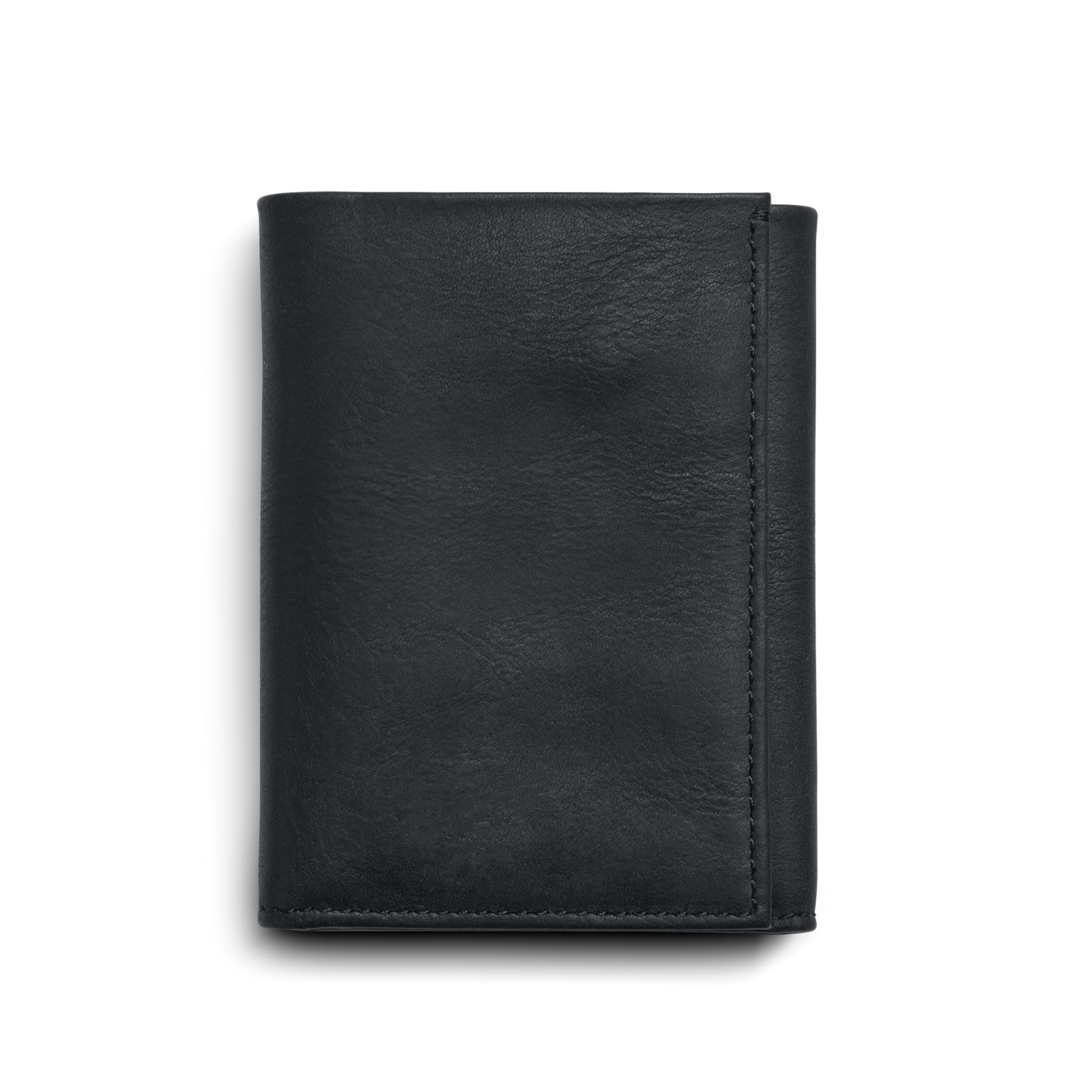 A closed Shinola Trifold Wallet - Black with RFID protection and visible stitching on the right edge, shown against a plain white background.