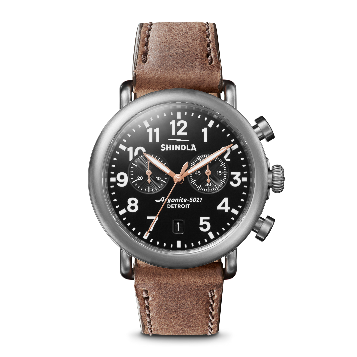 The Shinola Runwell Chronograph Watch - Black features a black dial with white numerals, three subdials, a date window, and a brown leather strap. Its stainless steel silver case is complemented by three side buttons.