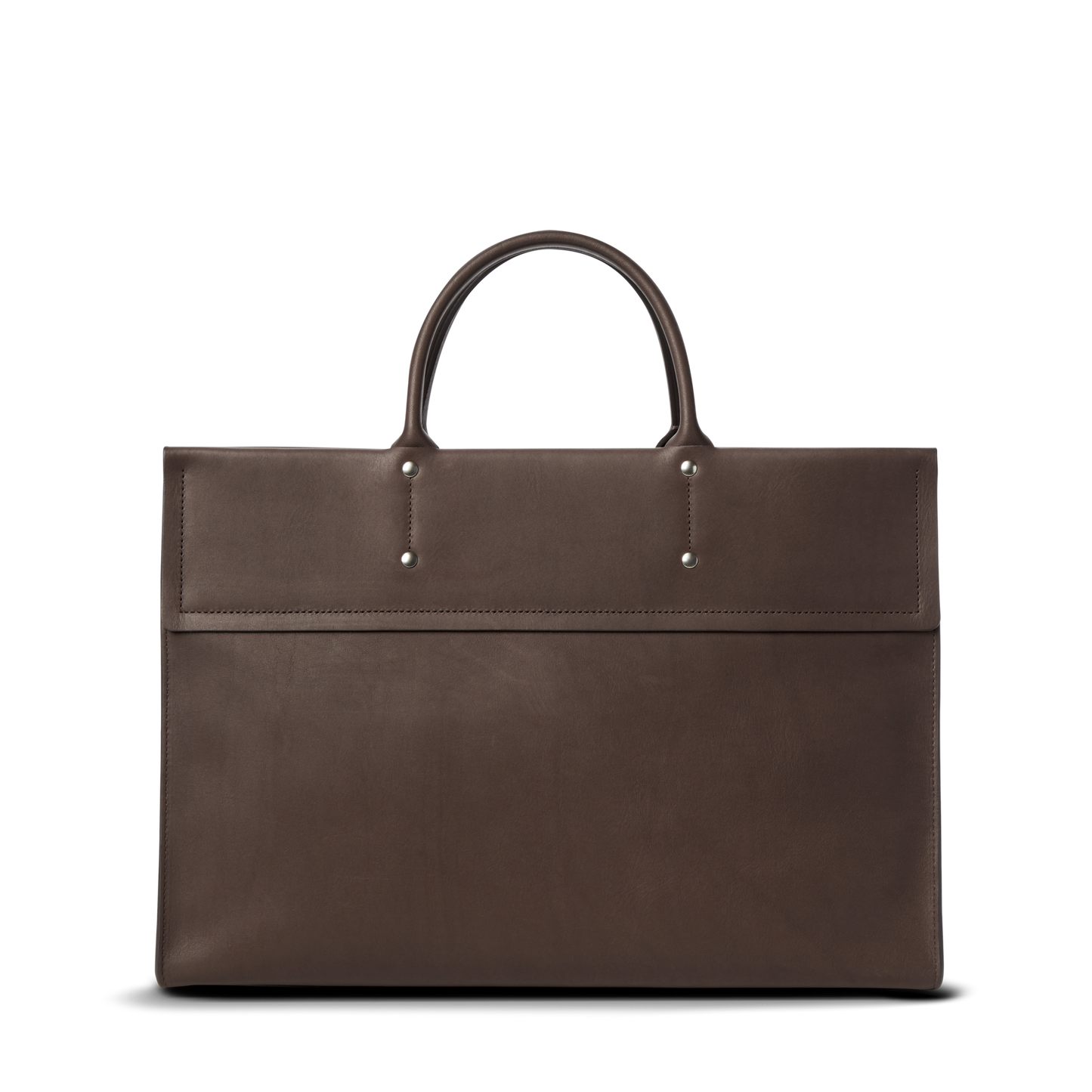The Shinola Day Satchel - Espresso is a sleek, dark brown leather laptop bag with two short handles and silver rivet accents, shown against a plain white background.