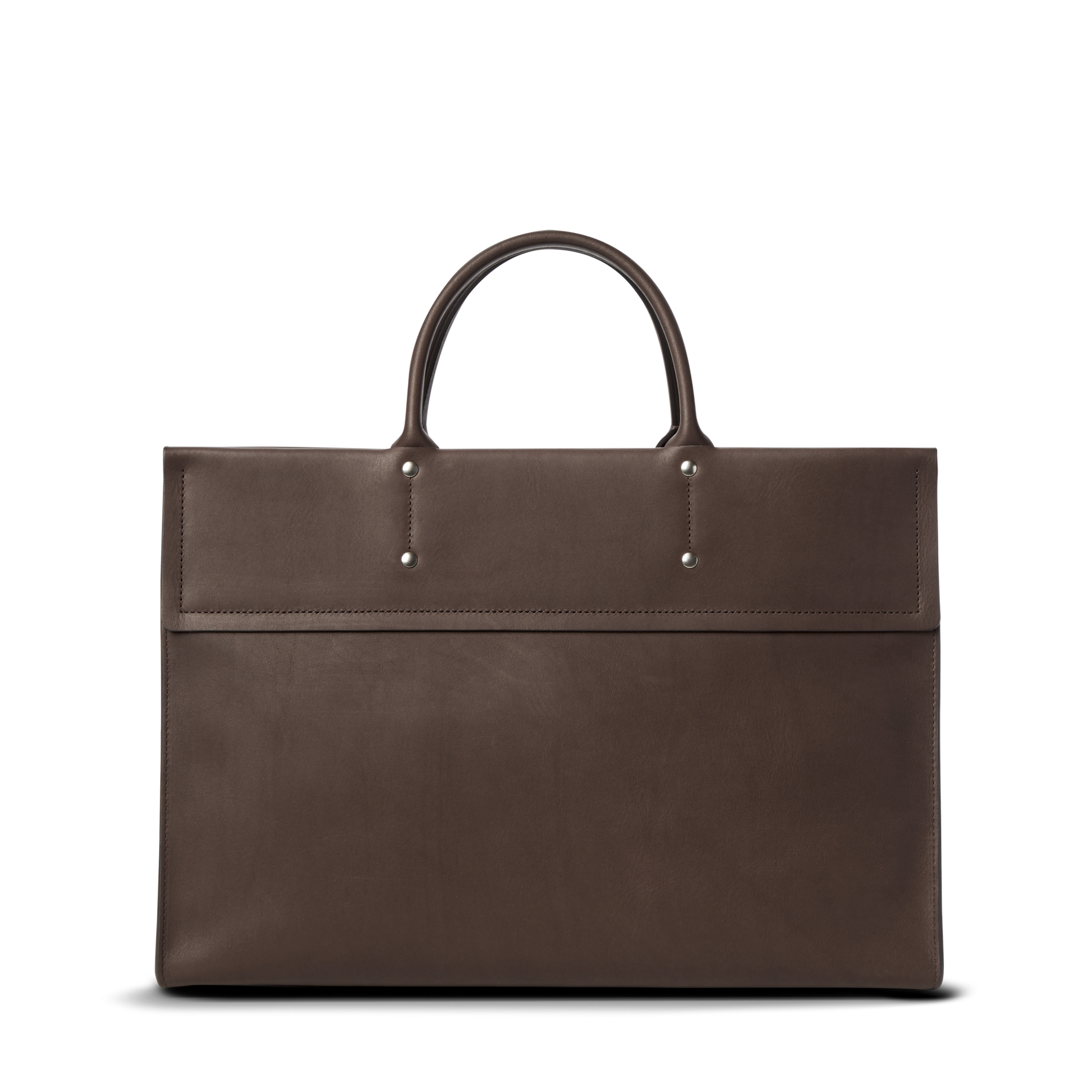 The Shinola Day Satchel - Espresso is a sleek, dark brown leather laptop bag with two short handles and silver rivet accents, shown against a plain white background.