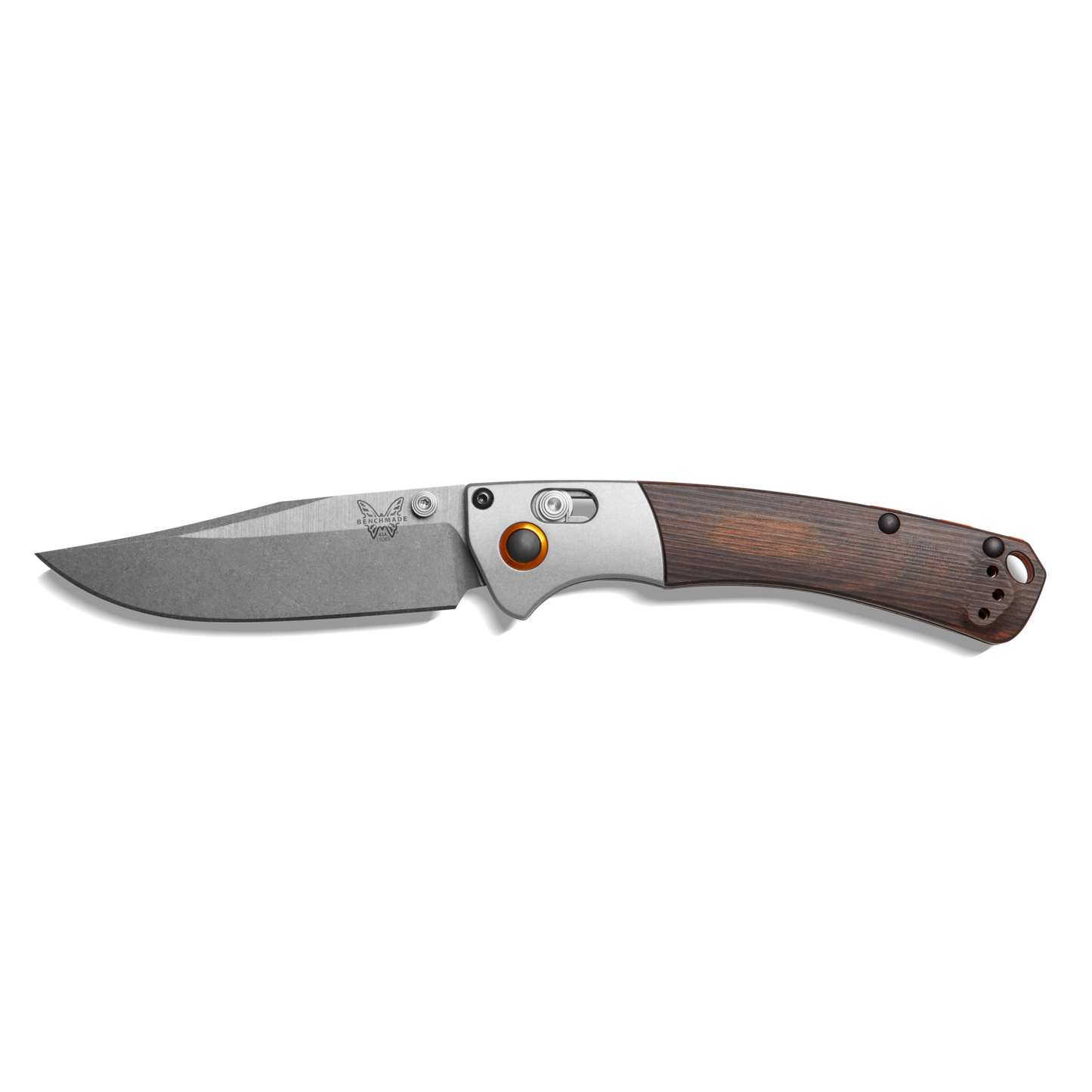 The Shinola + Benchmade Mini Crooked River Pocket Knife - Steel features a wood handle, stonewashed blade, silver bolster, orange pivot, and sturdy metal clip—making this stylish Shinola folding knife an ideal everyday carry. Shown on a white background.