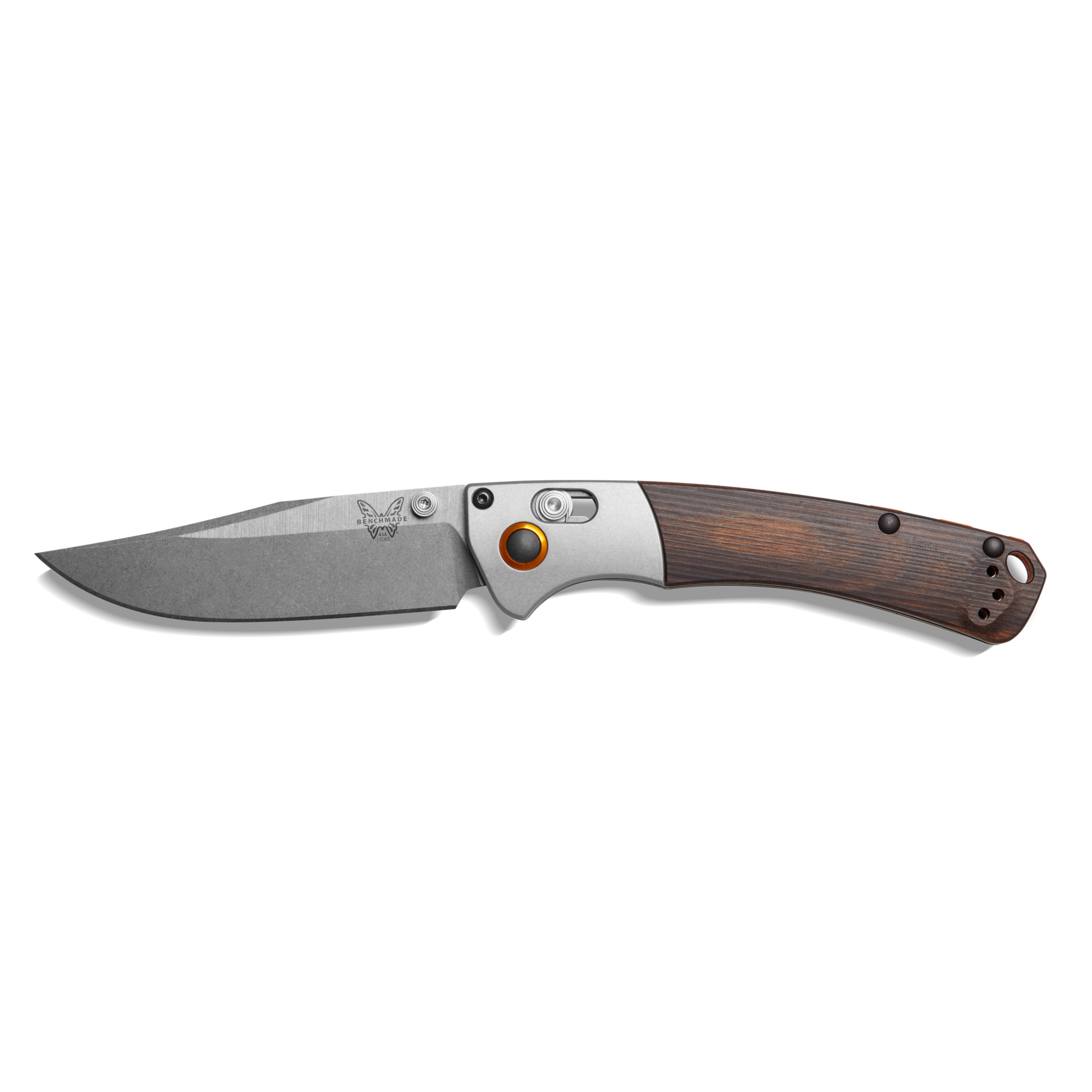 The Shinola + Benchmade Mini Crooked River Pocket Knife - Steel features a wood handle, stonewashed blade, silver bolster, orange pivot, and sturdy metal clip—making this stylish Shinola folding knife an ideal everyday carry. Shown on a white background.