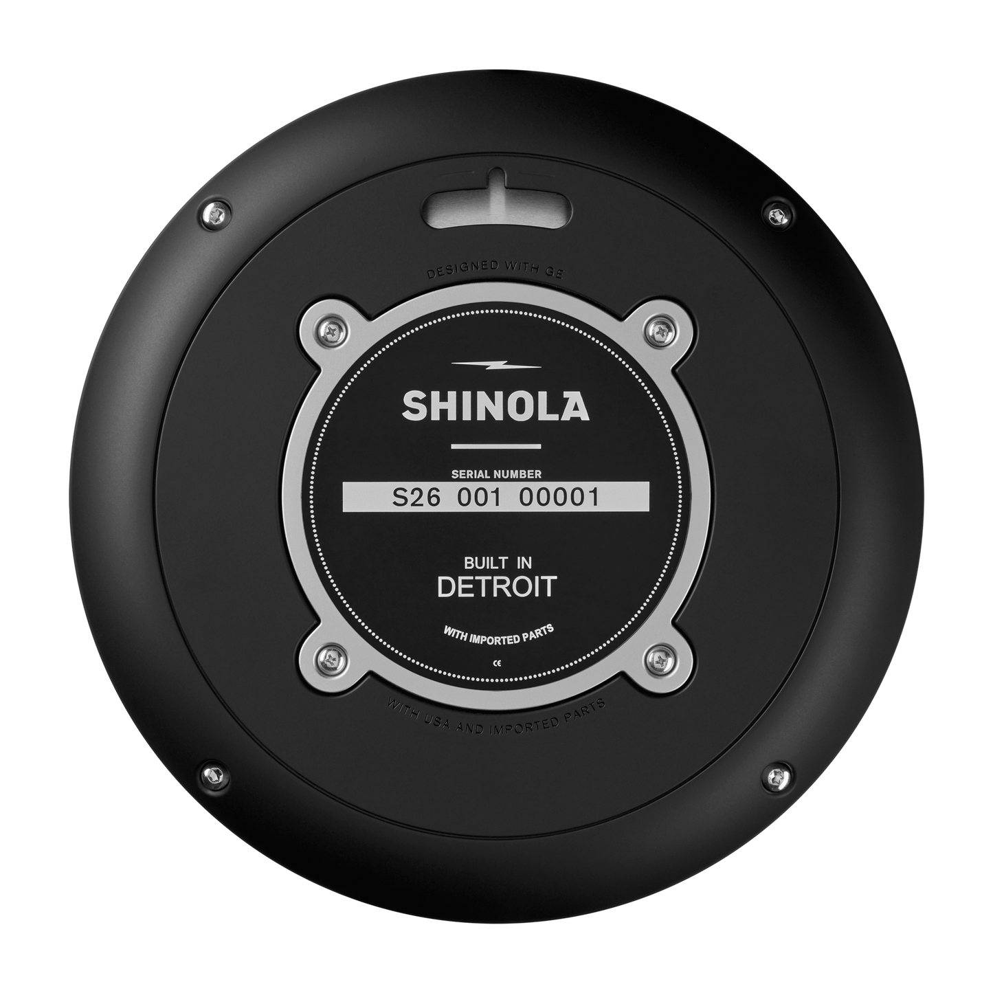 The 14" Runwell Clock - Black by Shinola features a matte black dial with metallic accents, a central SHINOLA label, four screws, engraved details, and a serial number, marked "BUILT IN DETROIT WITH IMPORTED PARTS.