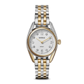 The Shinola Diamond Derby Watch features a silver and gold bracelet, a round white diamond index dial, diamond-accented bezel and lugs, and an elegant two-tone metal link band.