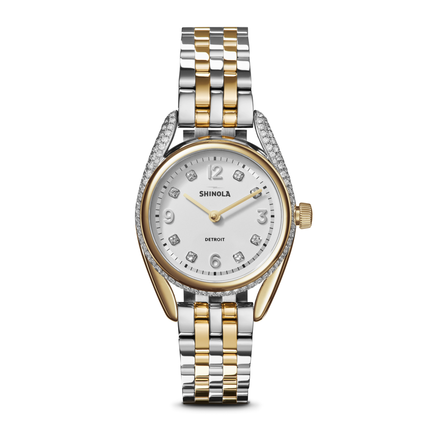 The Shinola Diamond Derby Watch features a silver and gold bracelet, a round white diamond index dial, diamond-accented bezel and lugs, and an elegant two-tone metal link band.