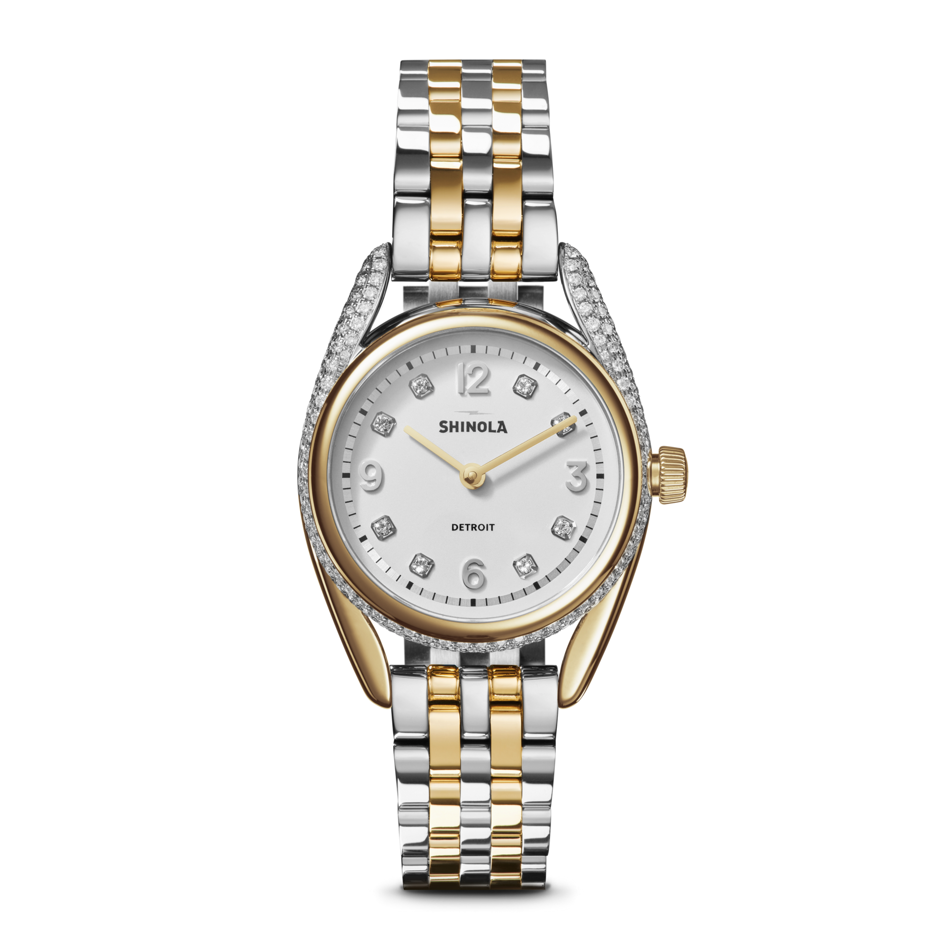 The Shinola Diamond Derby Watch features a silver and gold bracelet, a round white diamond index dial, diamond-accented bezel and lugs, and an elegant two-tone metal link band.