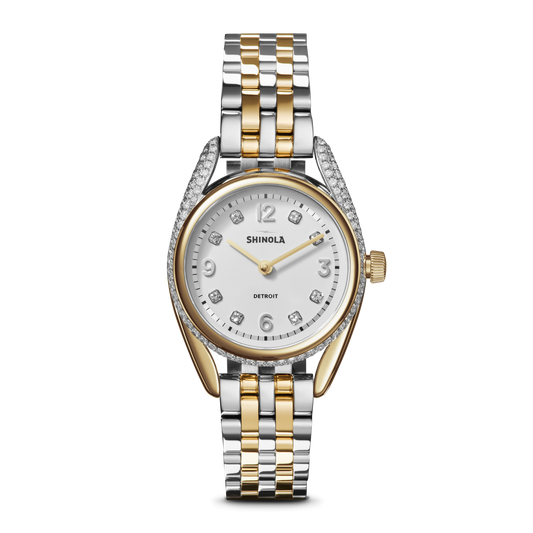 The Shinola Diamond Derby Watch features a silver and gold bracelet, a round white diamond index dial, diamond-accented bezel and lugs, and an elegant two-tone metal link band.