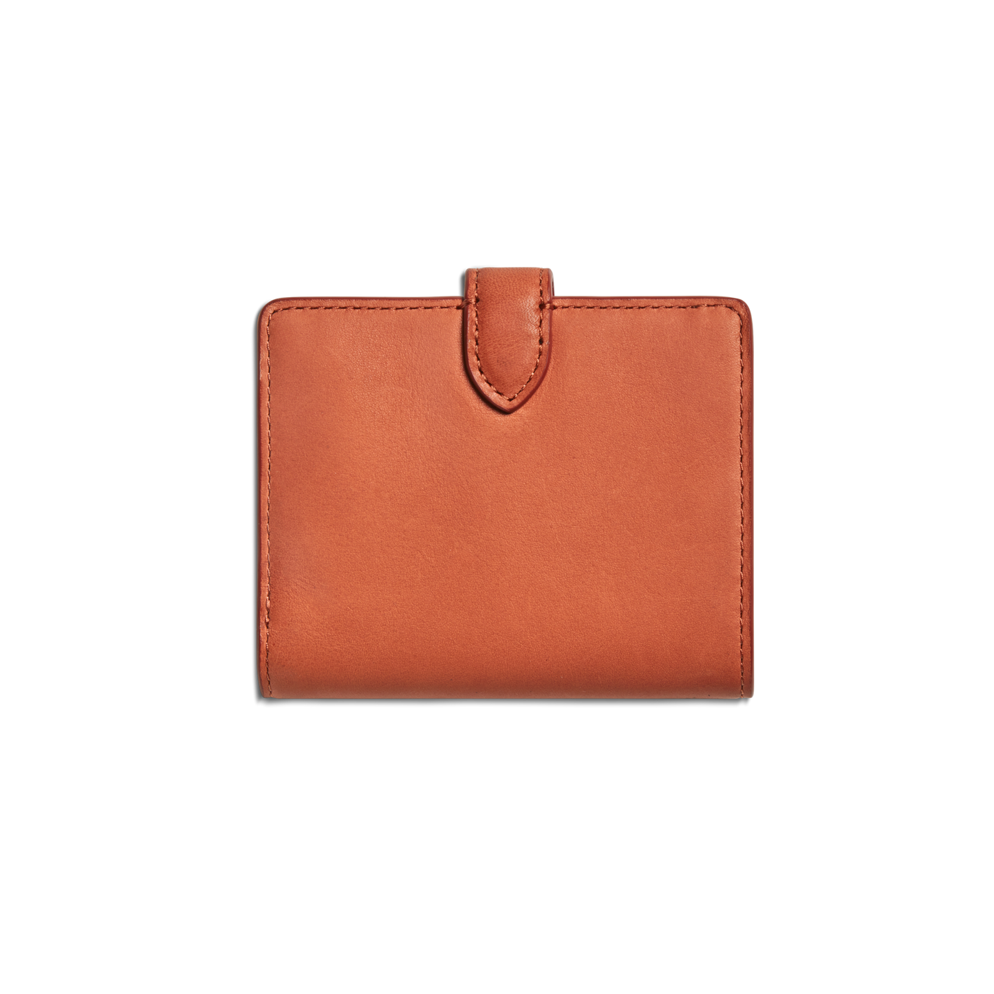The Shinola Small Snap Wallet in Rust is a closed, rectangular wallet made from natural leather with a stitched border and tab closure, displayed against a plain white background.