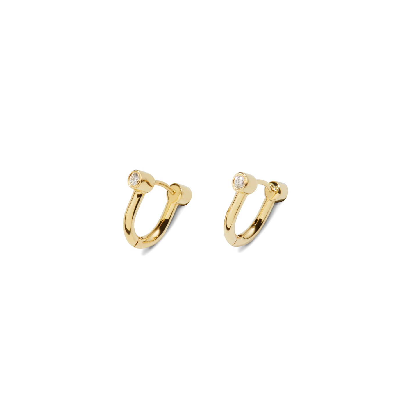 A pair of Shinola Diamond Bike Lock Huggie Earrings in 14k yellow gold, each with a single round diamond at the top, shown on a plain white background.