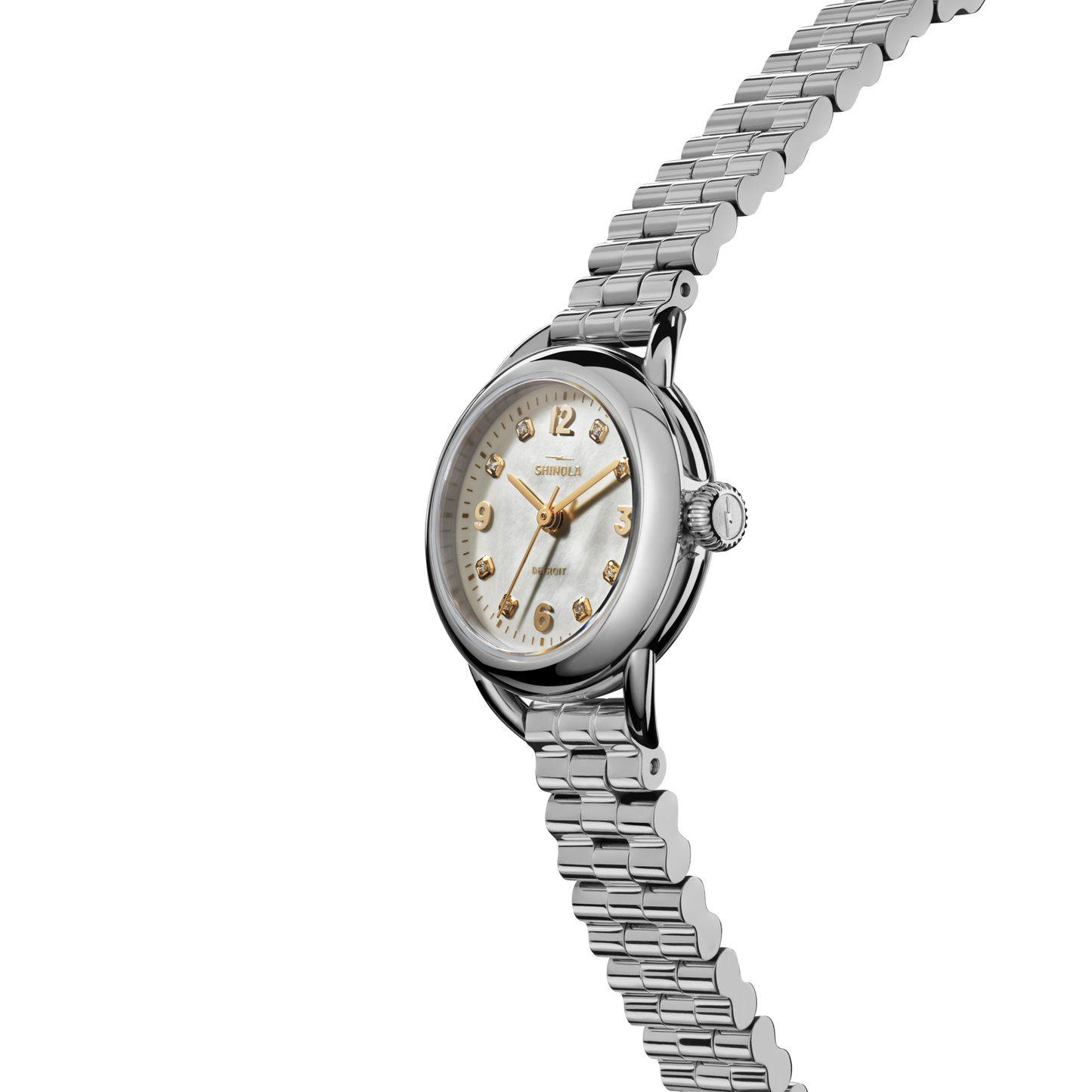 The Shinola Runabout Watch - MOP Diamond features a silver metal link band, round mother-of-pearl dial with gold hour markers, and a small crown, shown at an angle on a plain white background.
