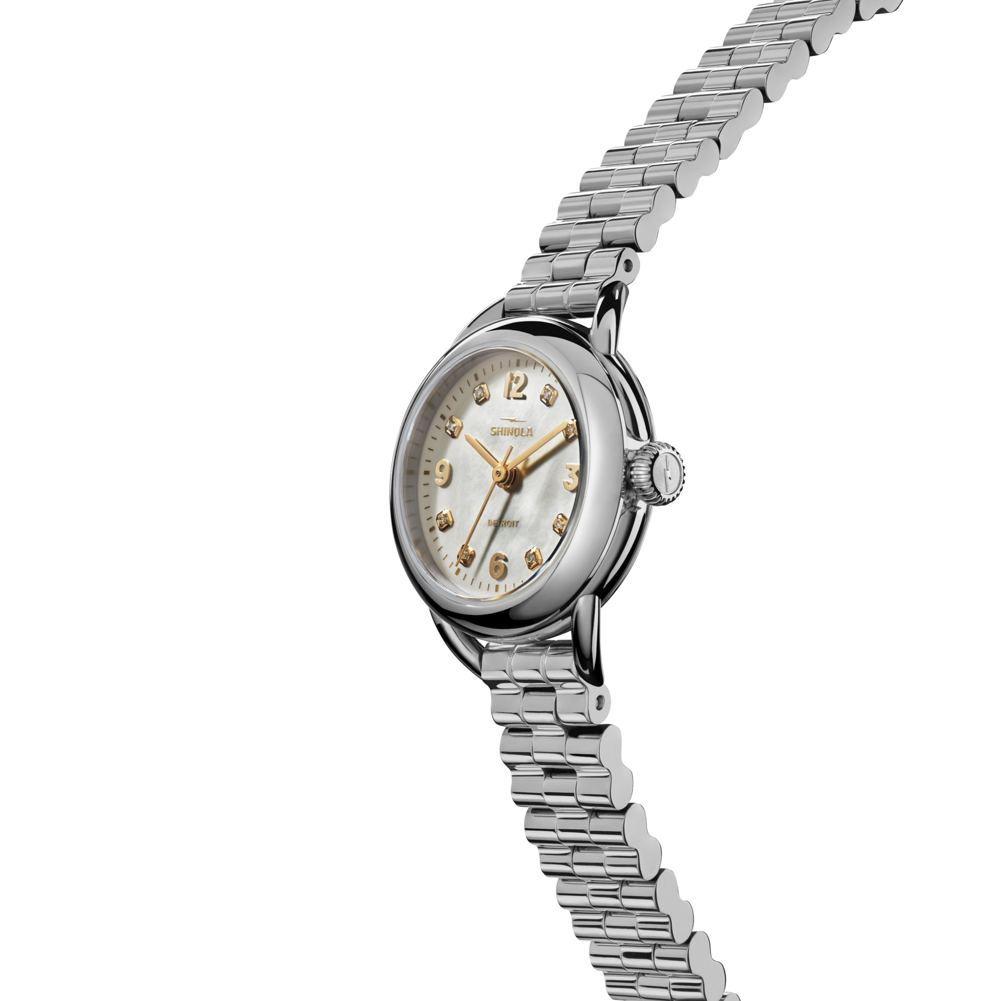 The Shinola Runabout Watch - MOP Diamond features a silver metal link band, round mother-of-pearl dial with gold hour markers, and a small crown, shown at an angle on a plain white background.