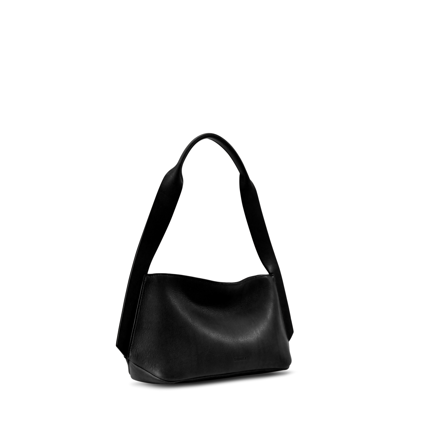 The Shinola Small Derby Shoulder Bag in black natural leather features a wide strap, minimalist design, and curved edges—perfect for day to night style—shown against a plain white background.
