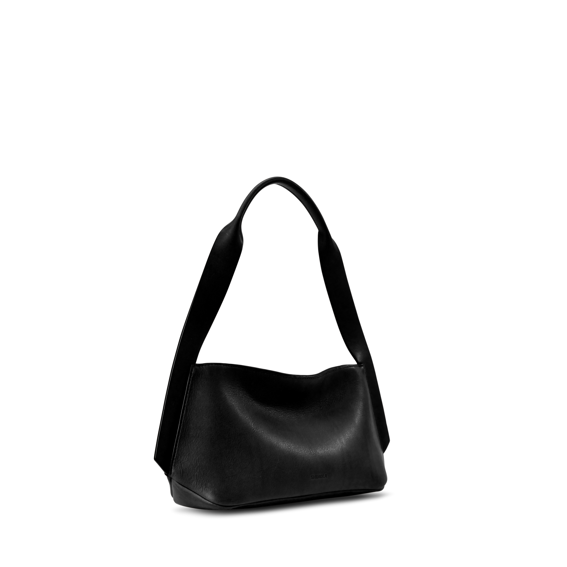 The Shinola Small Derby Shoulder Bag in black natural leather features a wide strap, minimalist design, and curved edges—perfect for day to night style—shown against a plain white background.