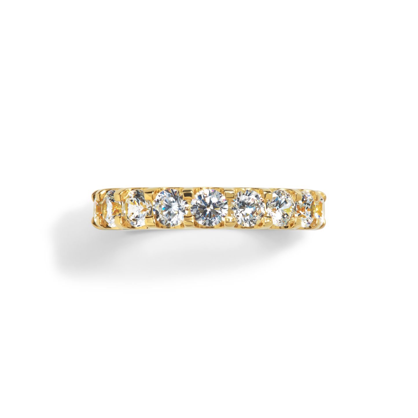 The Shinola 2 Carat Diamond Anniversary Band YG, crafted in 14k yellow gold, showcases five round natural diamonds set in a row, viewed from above against a plain white background.
