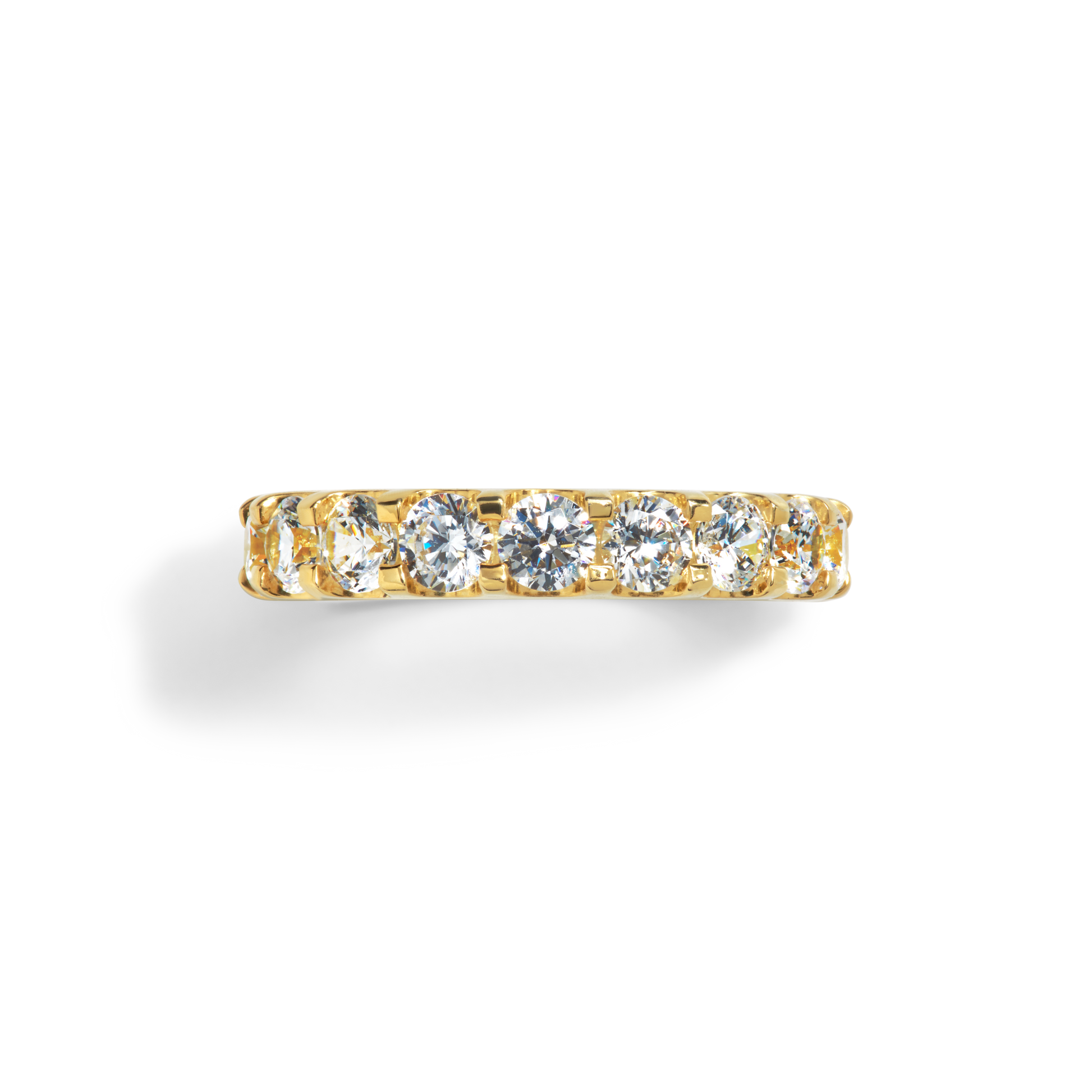 The Shinola 2 Carat Diamond Anniversary Band YG, crafted in 14k yellow gold, showcases five round natural diamonds set in a row, viewed from above against a plain white background.
