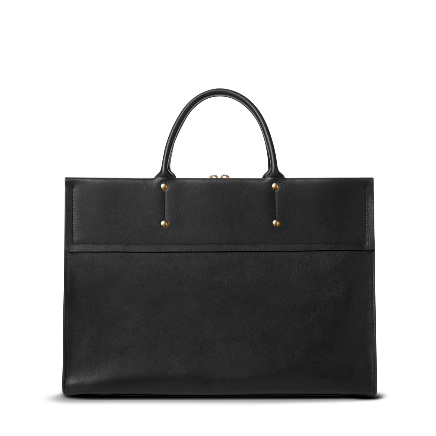 The Shinola Day Satchel - Black features a structured rectangular design in black leather with dual handles and gold rivet accents—an elegant and versatile handbag, shown against a plain white background.