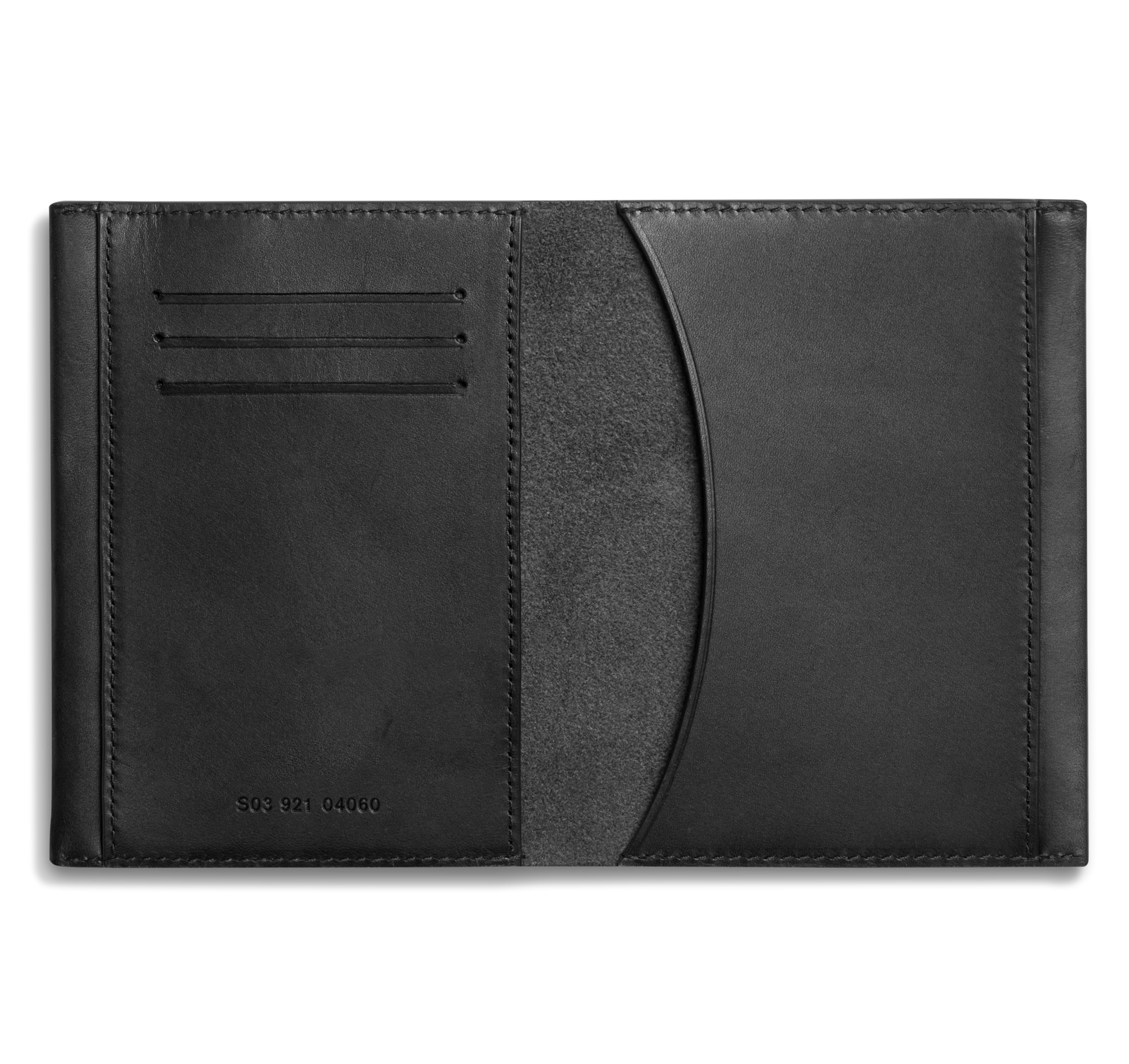 A Shinola Passport Holder - Black, crafted from Italian Vachetta leather, is shown open with three card slots, a curved pocket, and a small embossed serial number on the left, set against a plain white background.