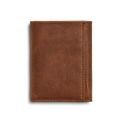 The Shinola Trifold Wallet - Medium Brown features a smooth leather texture, stands upright closed against a white background, and offers RFID protection.