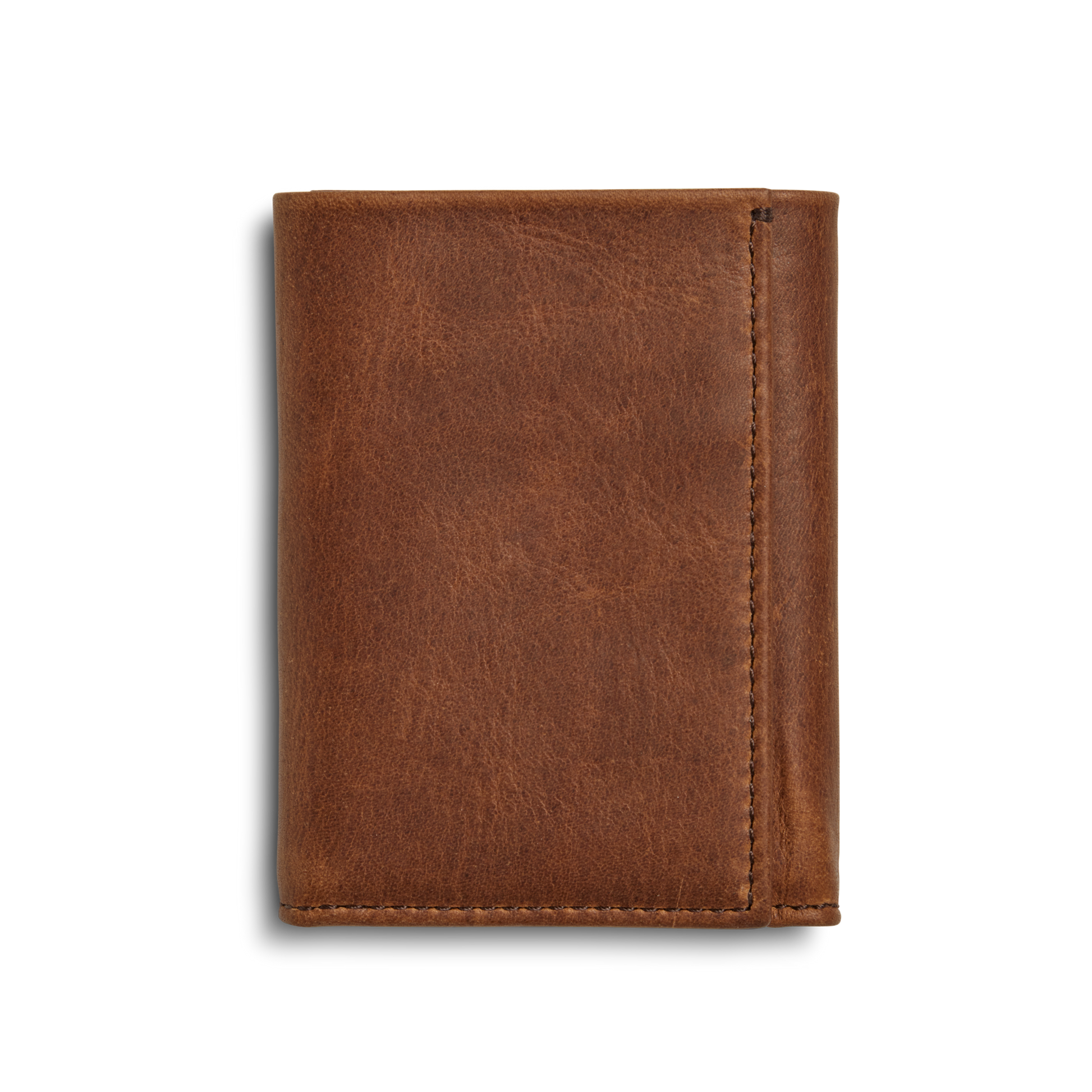 The Shinola Trifold Wallet - Medium Brown features a smooth leather texture, stands upright closed against a white background, and offers RFID protection.