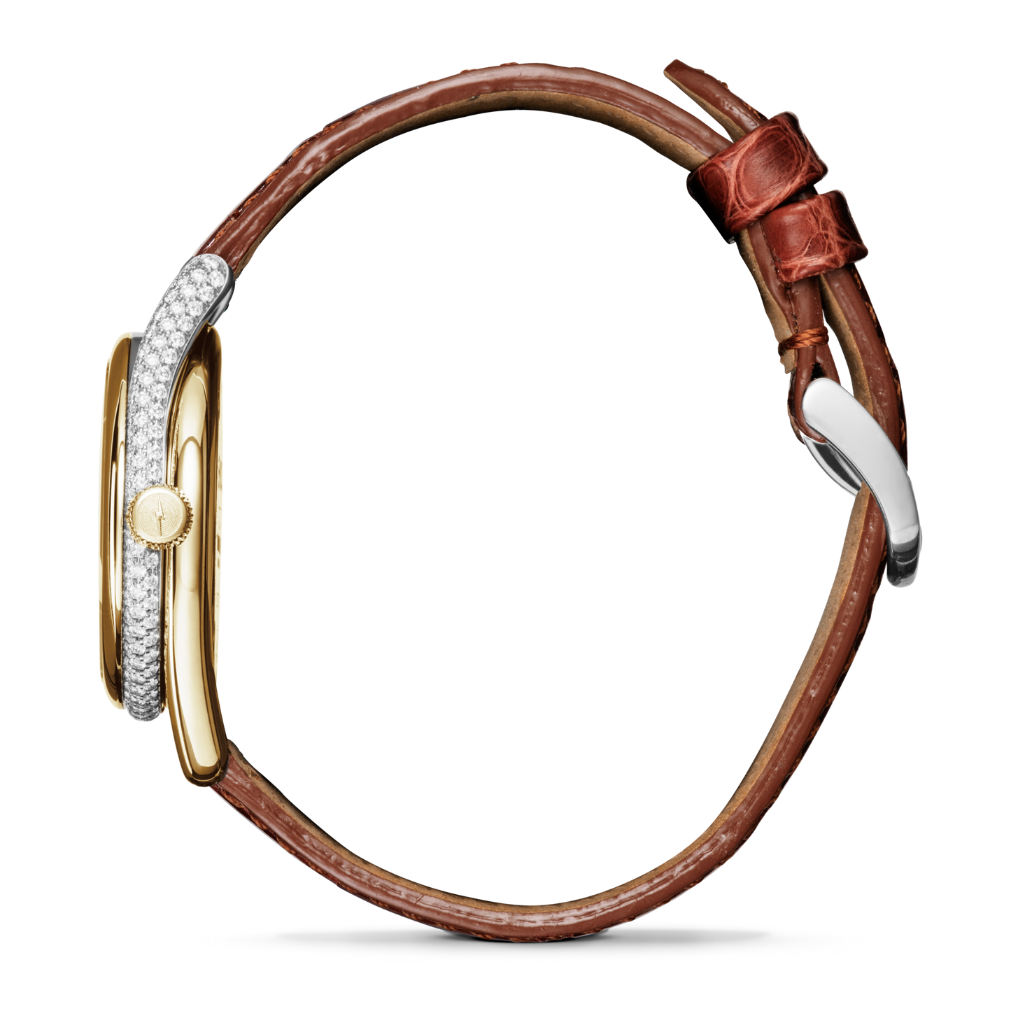 A side view of the Shinola Diamond Derby Watch with an Auburn Alligator strap, slim gold case, and diamond-set bezel is shown against a plain white background.