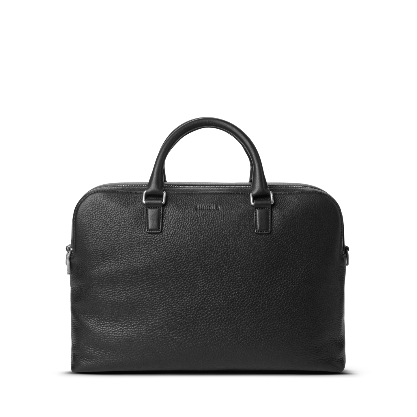 The Shinola Double Zip Briefcase - Black features Natural Grain leather, two top handles, a textured finish, and an extra compartment, shown against a plain white background.
