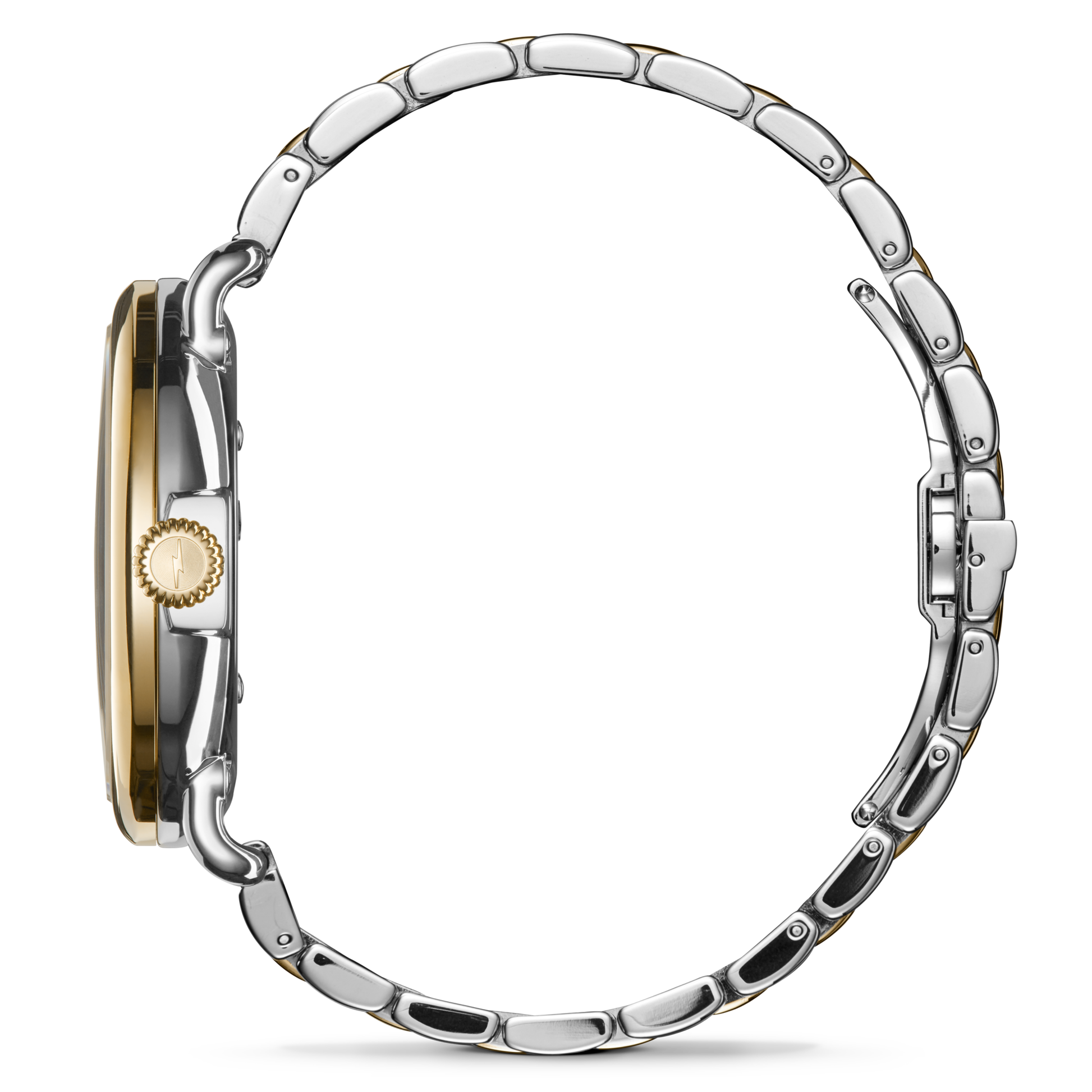 Side view of the Shinola Runwell Watch - Mother Of Pearl, featuring a round face, gold bezel and crown, and a two-tone stainless steel bracelet with gold accents, shown against a plain white background.