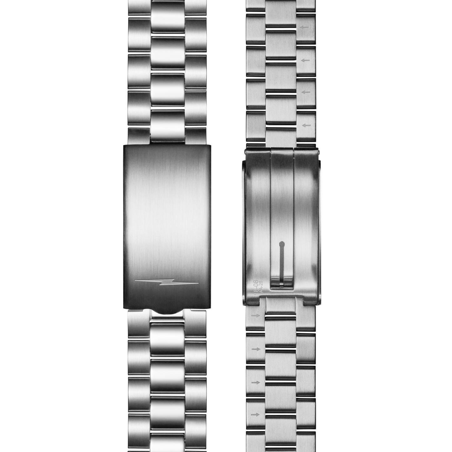 Two stainless steel bracelets by Shinola are shown beside the Vinton Watch - Whiskey. The left bracelet has a brushed clasp, while the right features a polished, rounded design—both perfect pairings for the whiskey-colored dial.