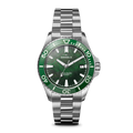 The Shinola Lake Ontario Monster Automatic Dive Watch features a stainless steel case, green bezel and dial, silver markers and hands, and a silver metal link bracelet with an automatic movement indicator on the watch face.