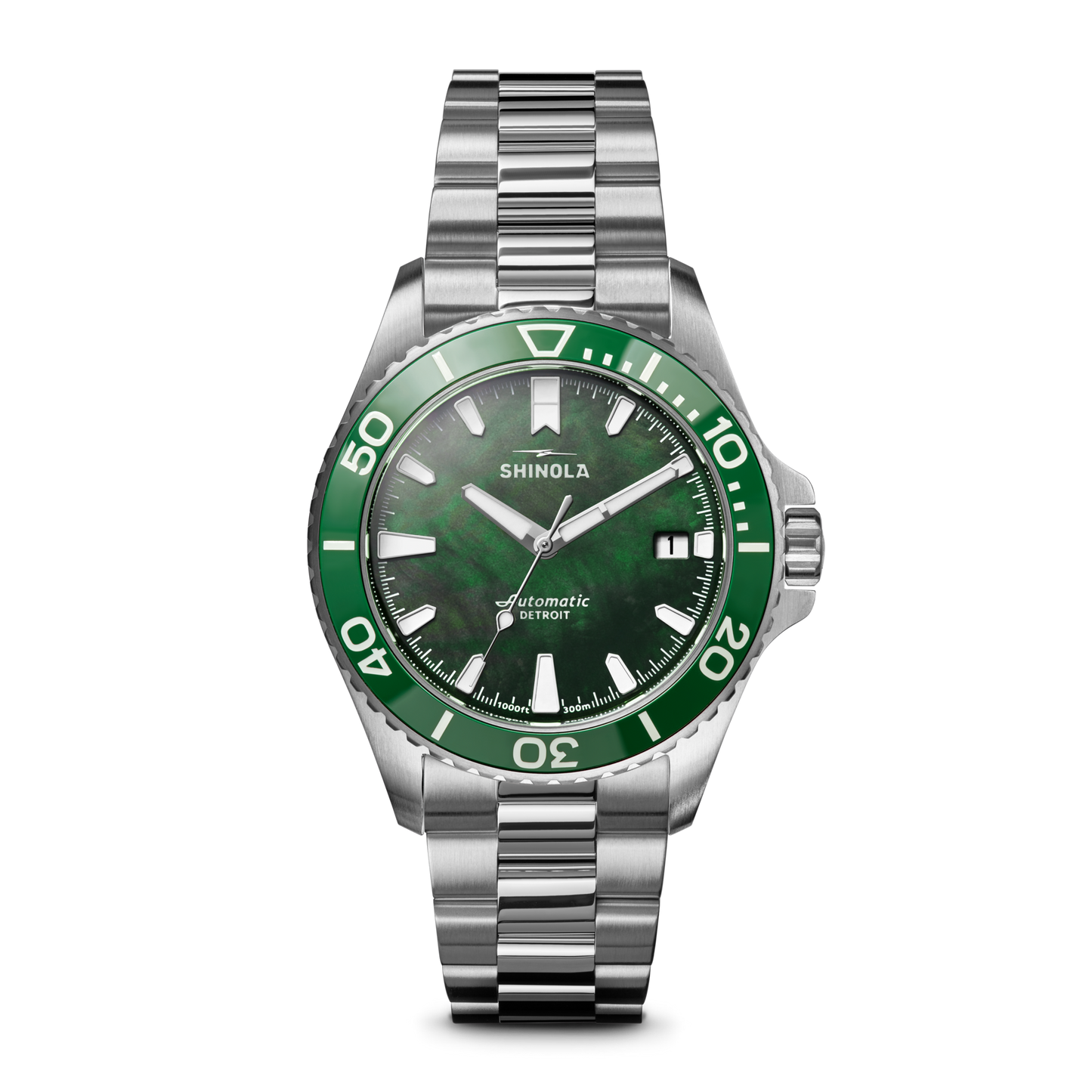 The Shinola Lake Ontario Monster Automatic Dive Watch features a stainless steel case, green bezel and dial, silver markers and hands, and a silver metal link bracelet with an automatic movement indicator on the watch face.
