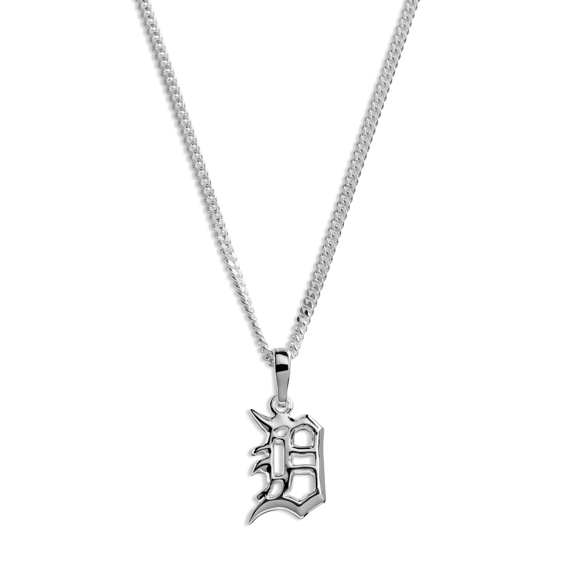 The Shinola Chunky Detroit "D" Necklace features a sterling silver chain and a shiny Olde English D pendant, perfect for fans of classic Detroit style, displayed on a plain white background.