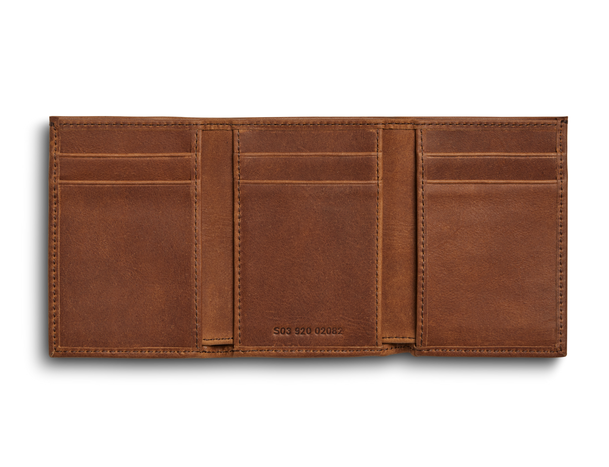 The Shinola Trifold Wallet - Medium Brown is open on a white background, showing multiple card slots and compartments. It features RFID protection for added security.