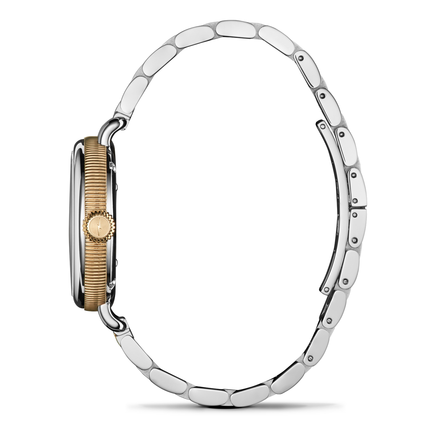 Side view of the Shinola Birdy Watch - Petoskey, featuring a slim profile, two-tone gold and stainless steel bracelet, gold-colored crown, and detailed band links set against a plain white background.