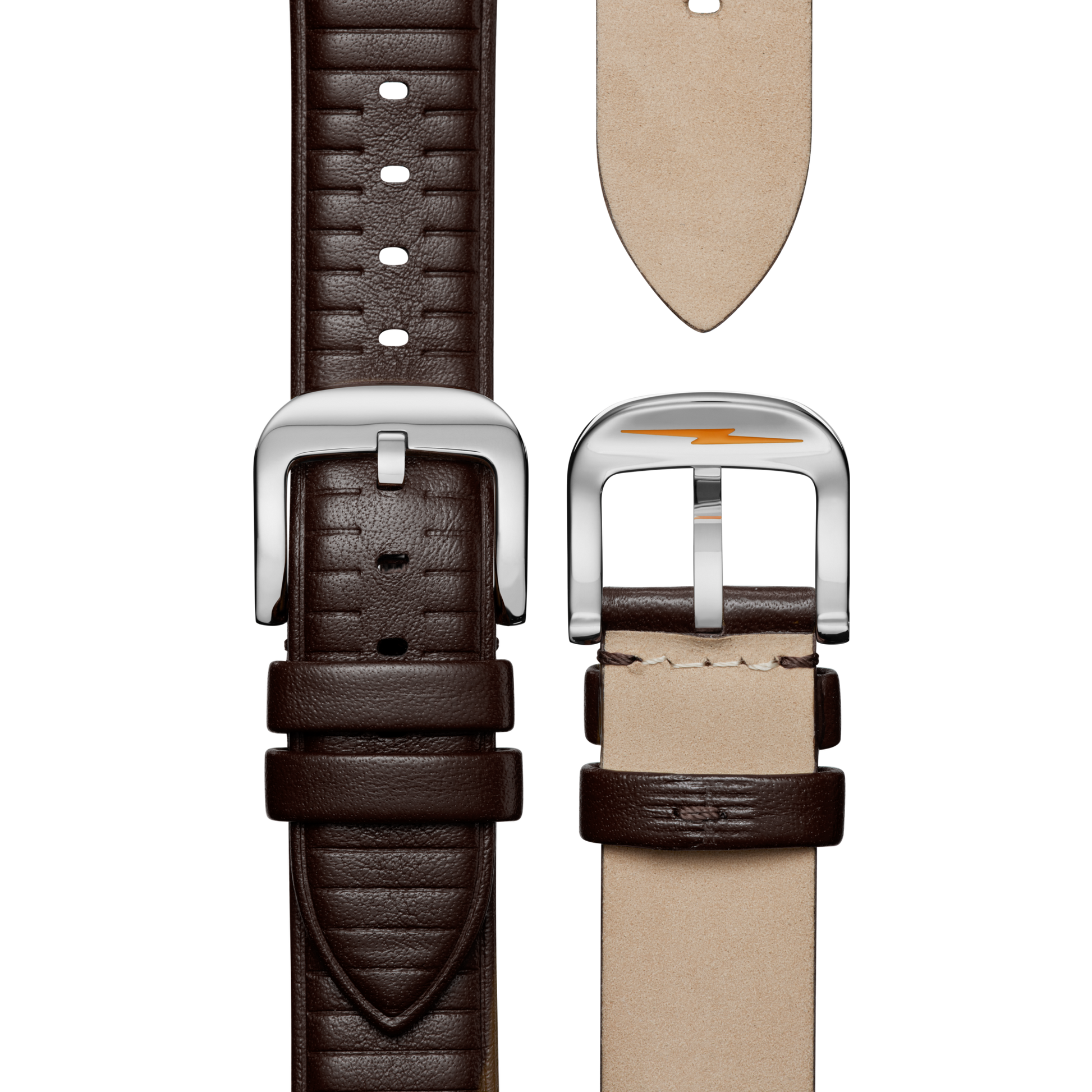 Close-up of Shinola’s Mechanic Watch - Alabaster: brown leather strap with silver buckle, textured stitching, and tan underside, crafted to pair perfectly with the timepiece, shown against a plain white background.