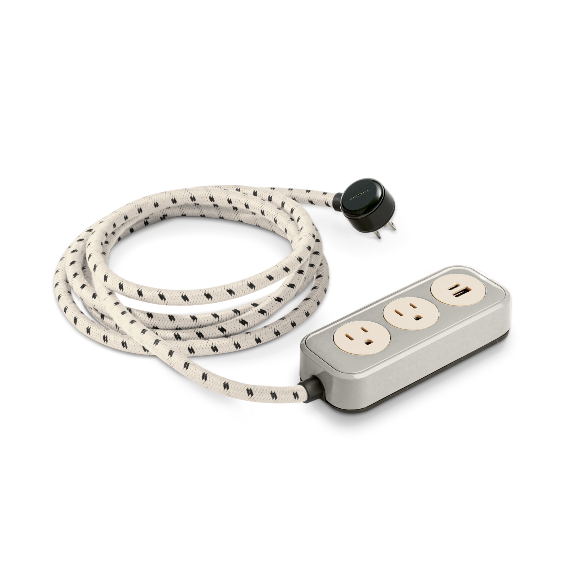 The Shinola 2 Port Power Supply - Stone is a modern power strip featuring two outlets, a USB port, convenient USB-C charging, and a durable long white-and-black braided cord with a round black plug.