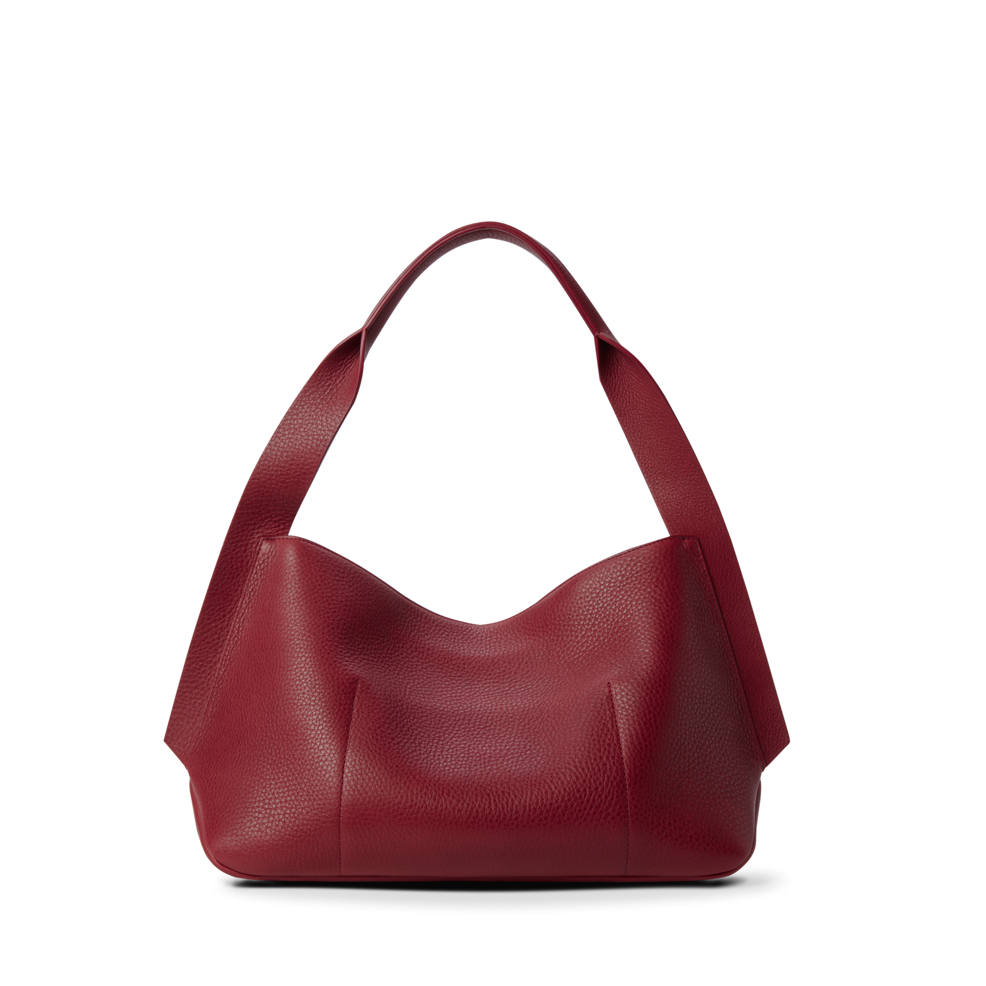 The Shinola Medium Derby Shoulder Bag in Ruby, crafted from natural grain leather with a wide strap and textured finish, is showcased against a plain white background.