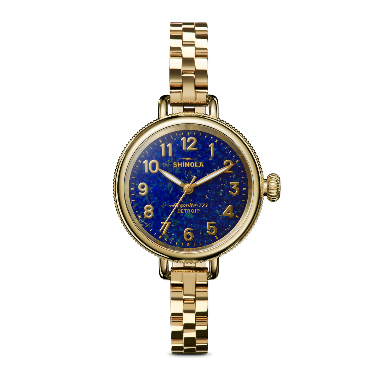 The Shinola Birdy Watch - Lapis features a gold-tone case, blue lapis-inspired textured dial with gold hour markers, and a matching gold metal link band, shown on a plain white background.