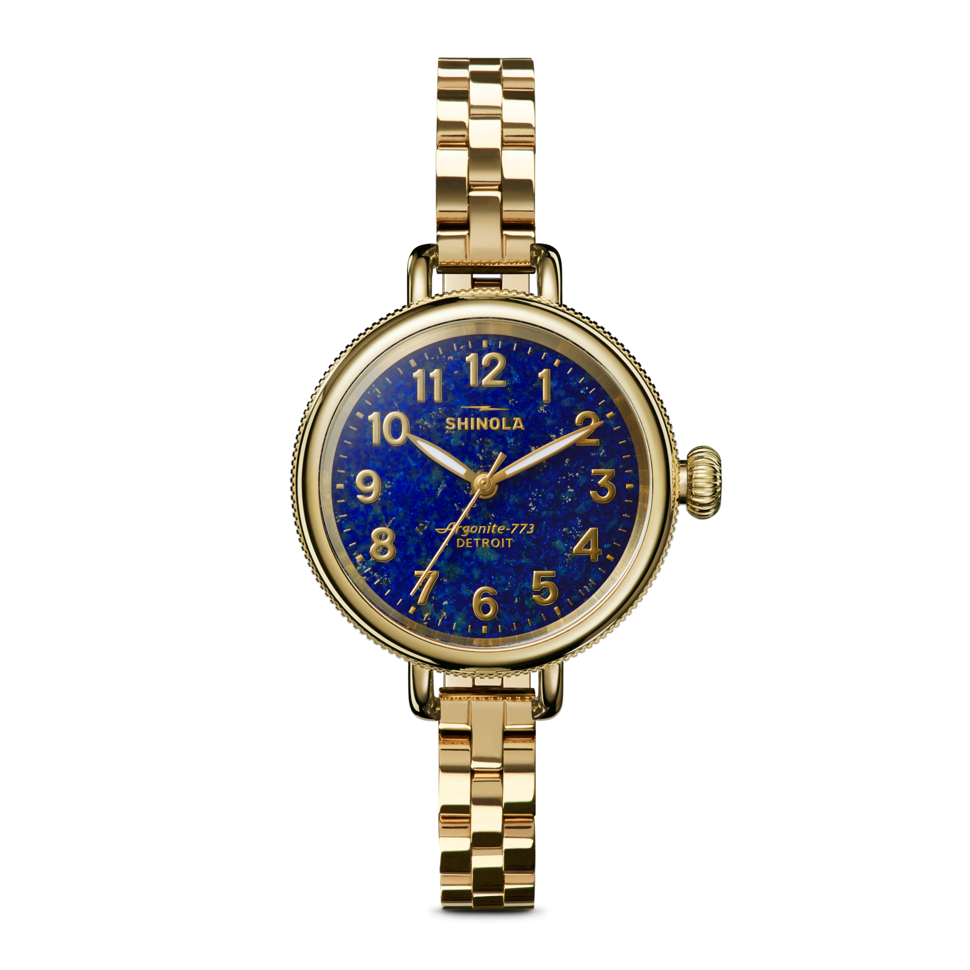 The Shinola Birdy Watch - Lapis features a gold-tone case, blue lapis-inspired textured dial with gold hour markers, and a matching gold metal link band, shown on a plain white background.