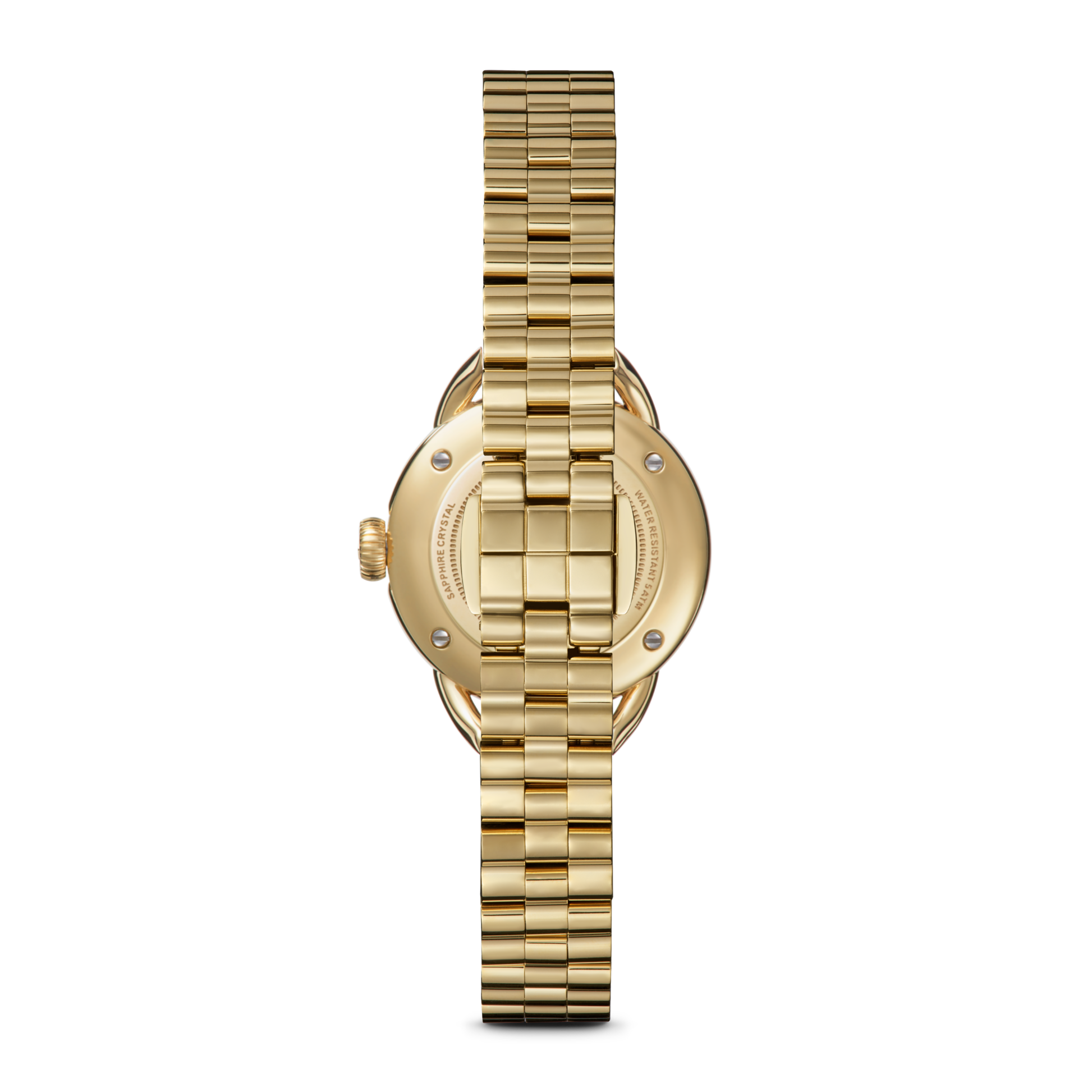The Shinola Runabout Watch - Petoskey is shown from the back, highlighting its polished gold metal band and visible case back screws. Detroit-assembled, the watch is set against a plain white background.