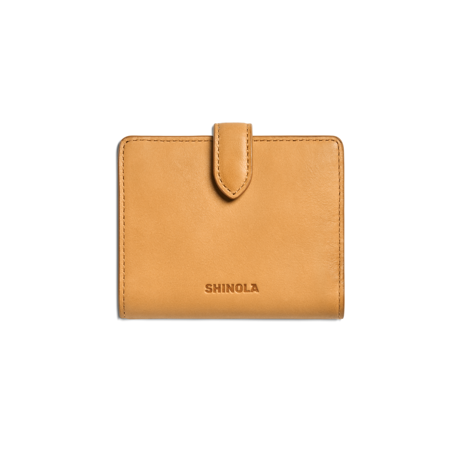 The Shinola Small Snap Wallet in Honey features a snap closure tab at the top, natural leather construction, and the Shinola name embossed on the front, displayed against a plain white background.