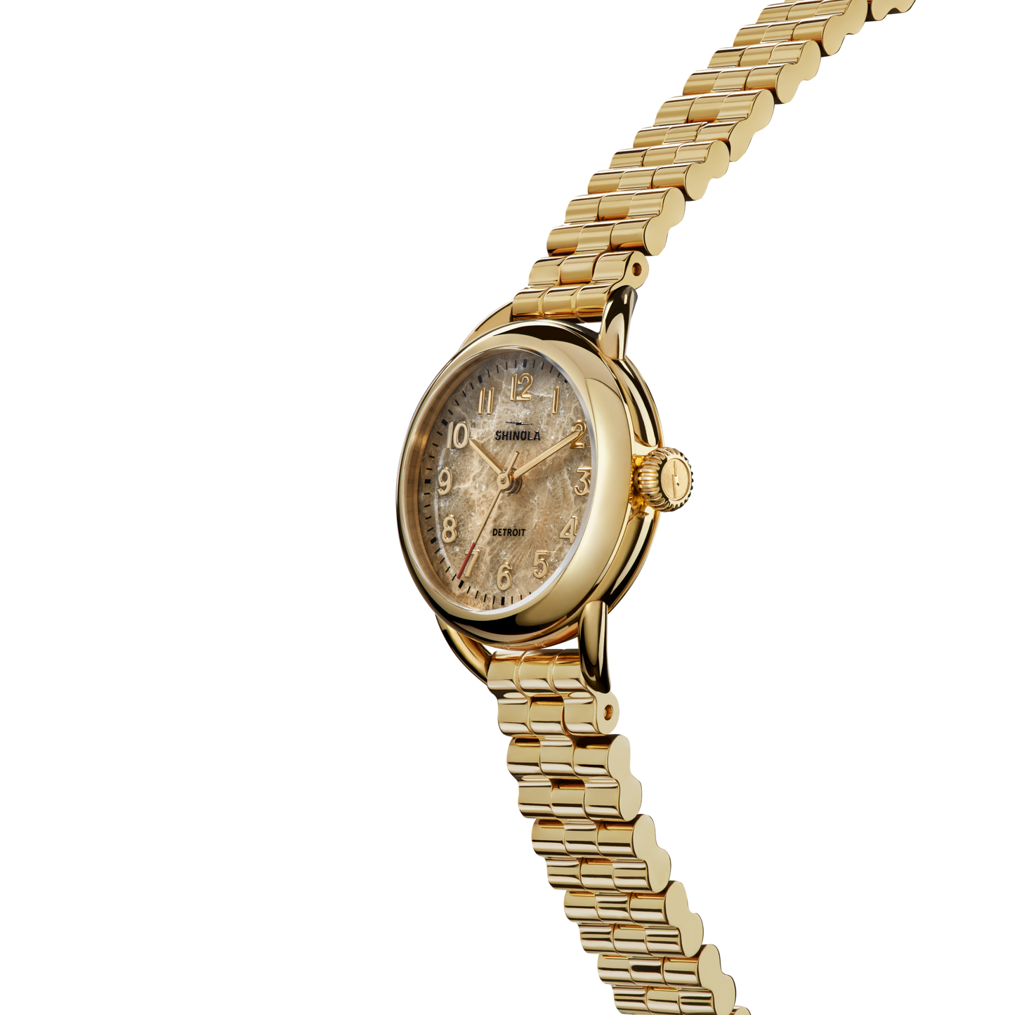 The Shinola Runabout Watch - Petoskey features a gold case, gold link bracelet, and unique Petoskey stone dial, shown on a white background.